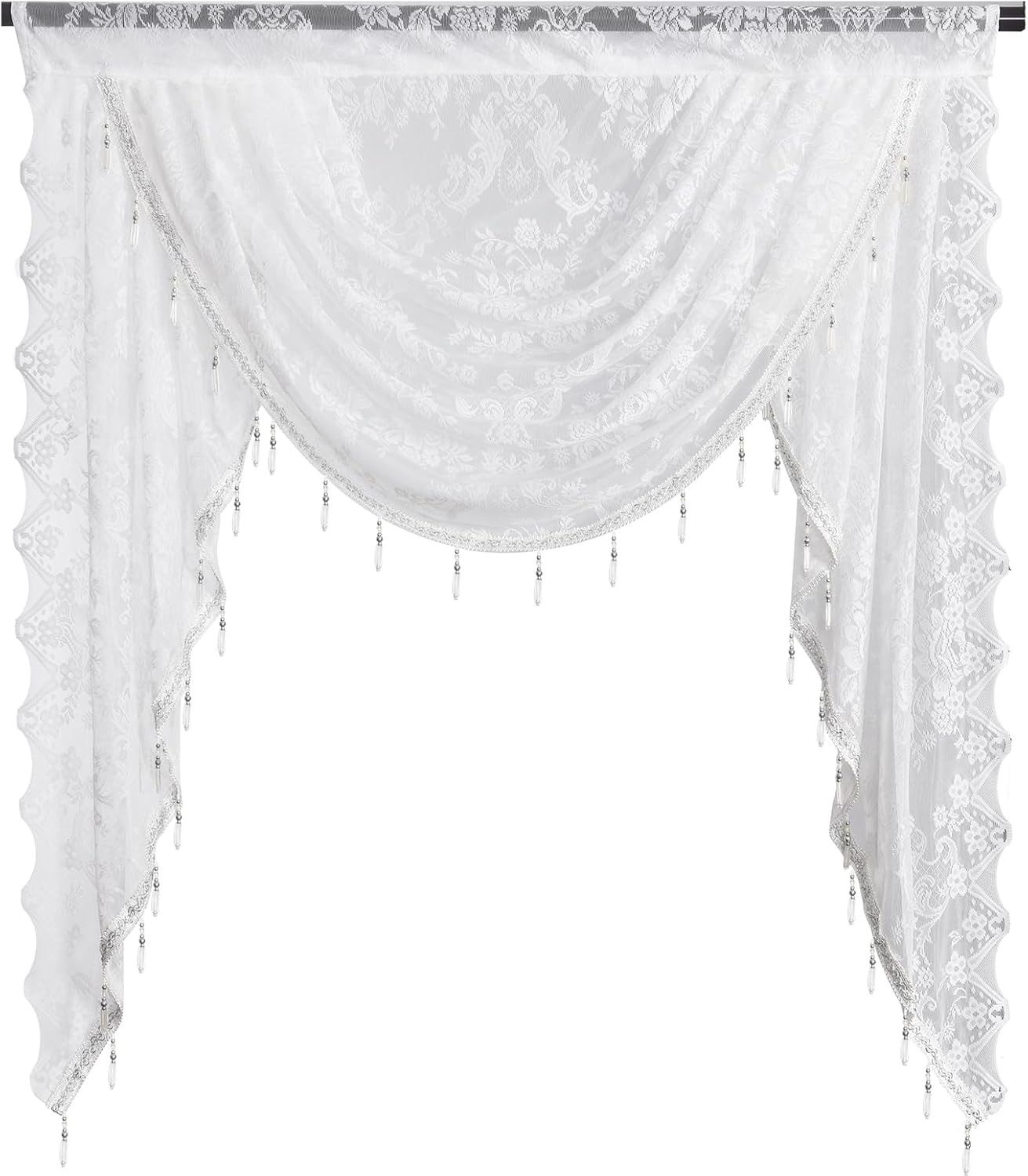 Minicloss Vorhang Boho Vintage Vorhang mit Perlenquasten, halbtransparenter Küchenvorhang mit floraler Stickerei