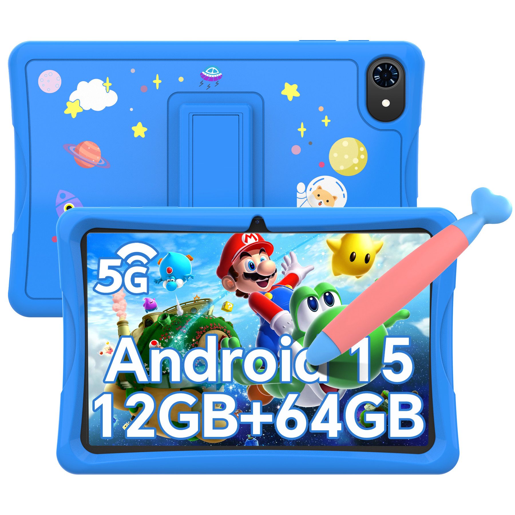 TABWEE 10" kinder tablet Android15 mit Hülle, Stift Tablet (10.1", 64 GB, Android15, Google Kids Space, 5G wifi, Android 15, Gemini AI, mit Stift)