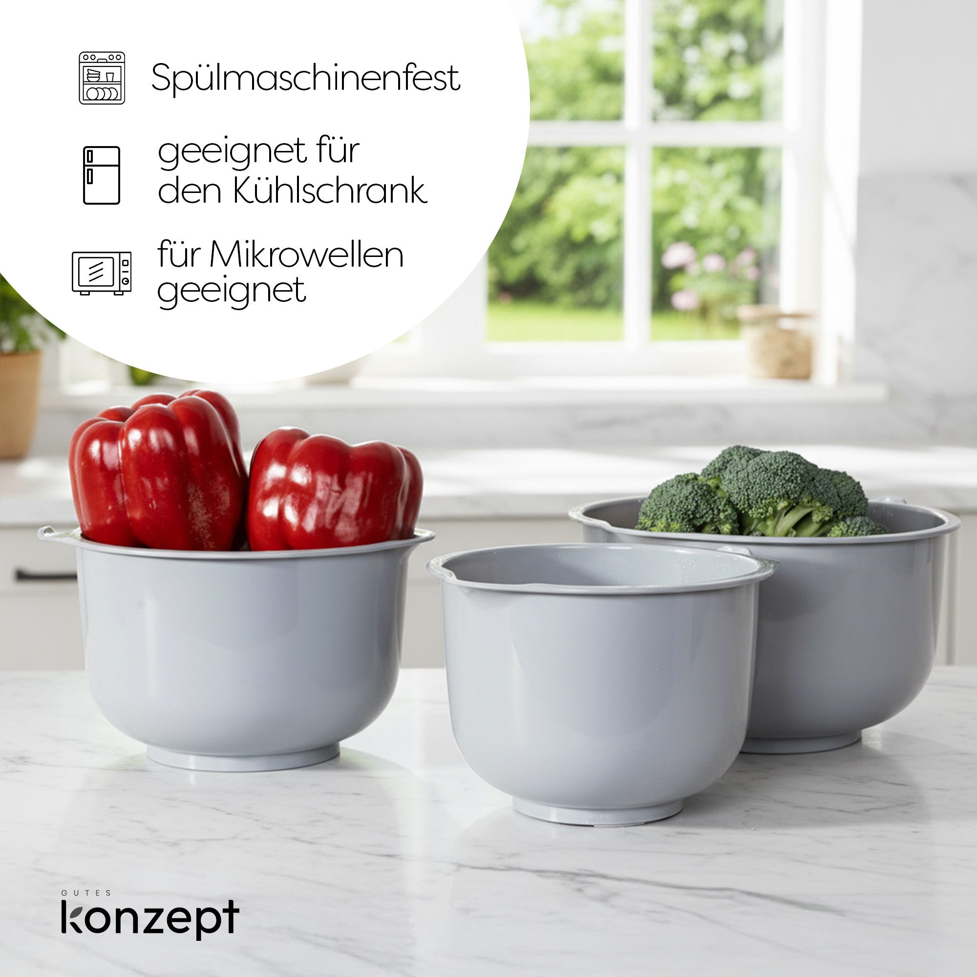 KONZEPT Rührschüssel Set 3-teilig aus Kunststoff – mit Ausgießer, anti-Rutsch-Boden, spülmaschinengeeignet,platzsparende Aufbewahrung – Bild 4 von 5