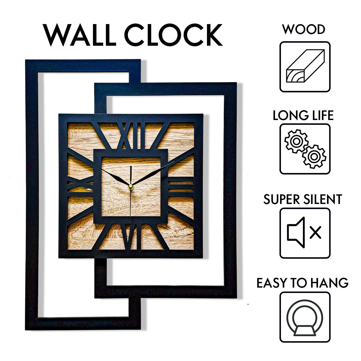 ORNAMENTI Wanduhr Grosse, moderne, geometrisch, Holz, hingucker, Loft, Rechteck (römisch, römische Ziffern, ohne Ticken, Wanddeko)