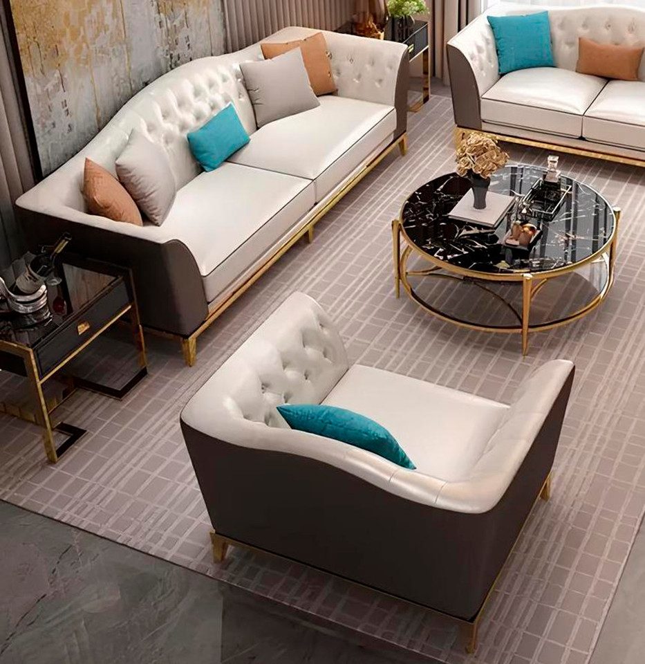 Xlmoebel Polstergarnitur Edelstahl-Sofa im Chesterfield-Stil mit Kunstlederpolsterung, (3-tlg., Sofa 3 Sitzer + 2x Sessel), Hergestellt in Europa