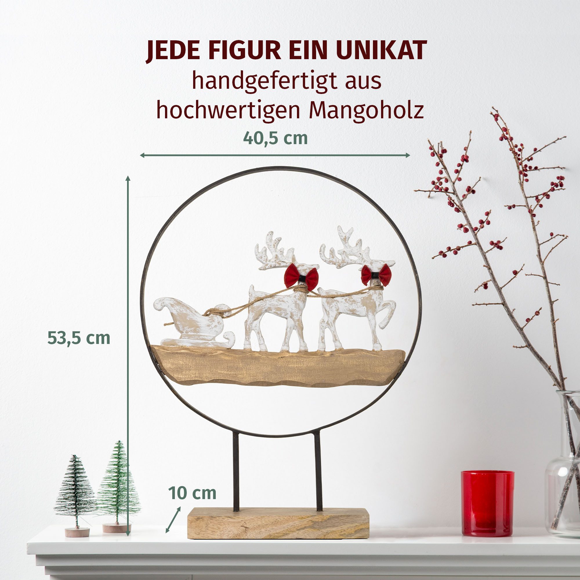 Moritz Skulptur Weihnachtsfigur Rentier mit Schlitten im Metallring 53,5 cm hoch, Holz, Tischdeko, Fensterdeko, Wanddeko, Holzdeko, Weihnachtsdeko
