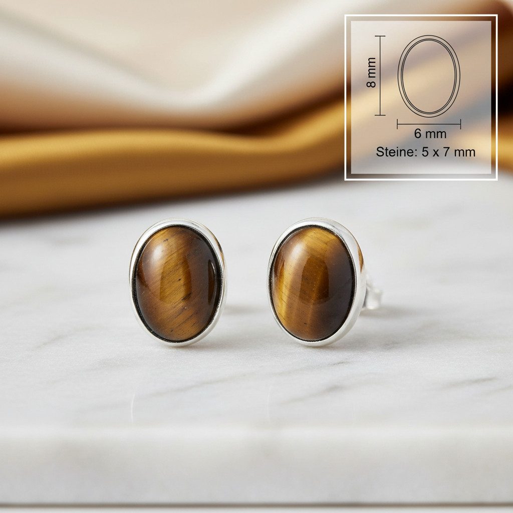 mantraroma Paar Ohrstecker SAMA oval aus 925 Silber mit Tigerauge (Paar, Paar Ohrringe mit Schmuckbeutel), 925 Sterling Silber Ohrringe für Damen