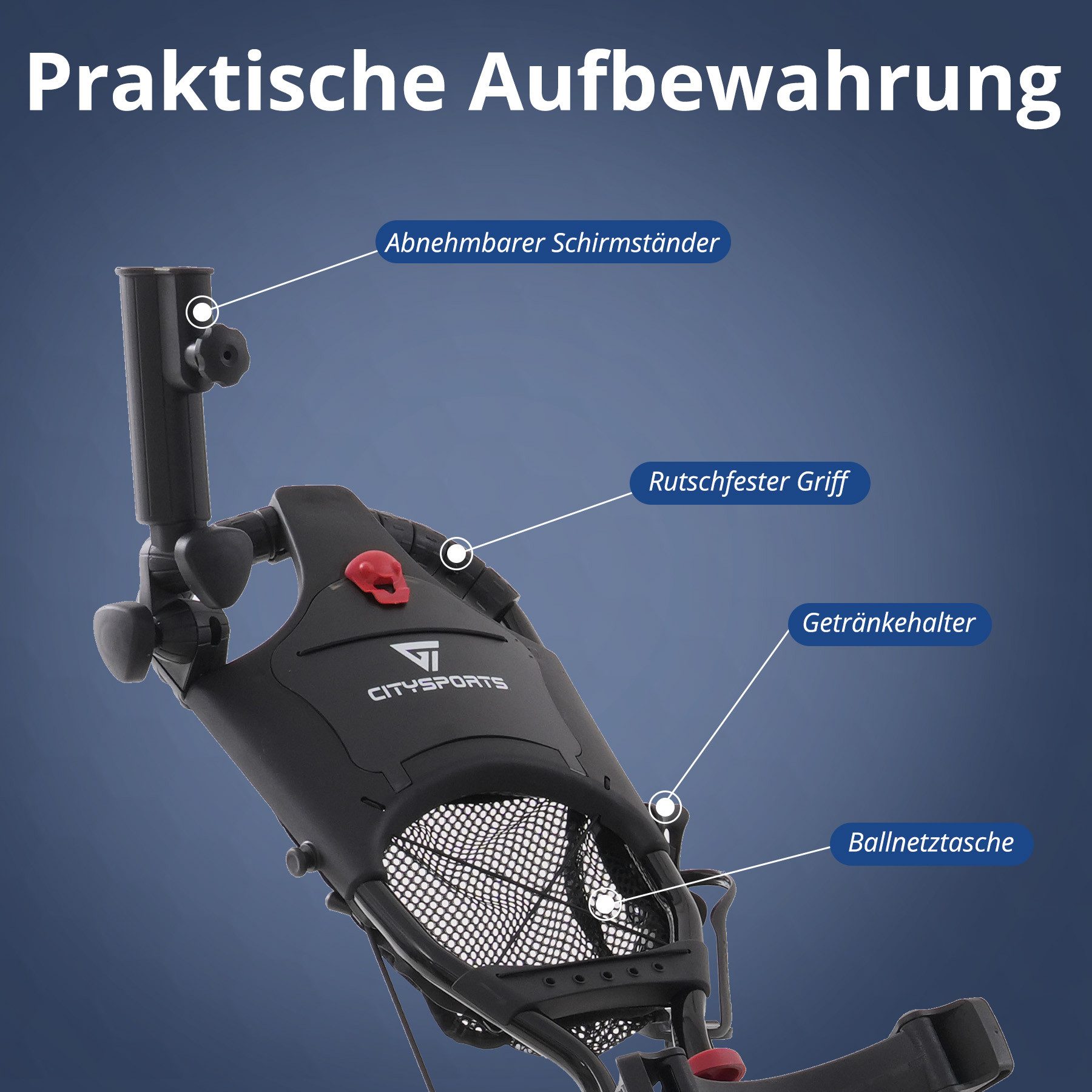 CITYSPORTS Golftrolley 3/4 Rad Golftrolley, Golfwagen klappbar, Golfcaddy mit Schirmhalter, Golfcaddy Golf Push Cart aus Aluminum, Erhältlich in Schwarz/Grün/Ro – Bild 4 von 5