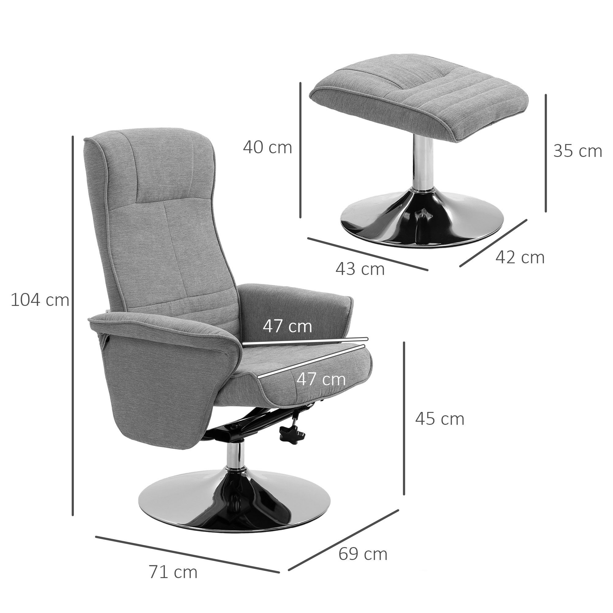 HOMCOM Relaxsessel Hocker, 360°drehbarer, mit Liegefunktion, Gepolstert (Liegesessel, 2-St., Fernsehsessel), für Wohnzimmer, Grau