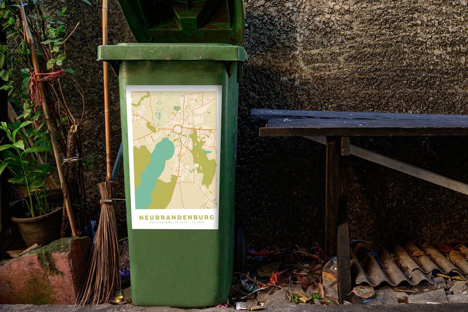 MuchoWow Wandsticker Karte (1 Container, - Sticker, Neubrandenburg Mülleimer-aufkleber, Stadtplan Mülltonne, Abfalbehälter - Vintage St), 