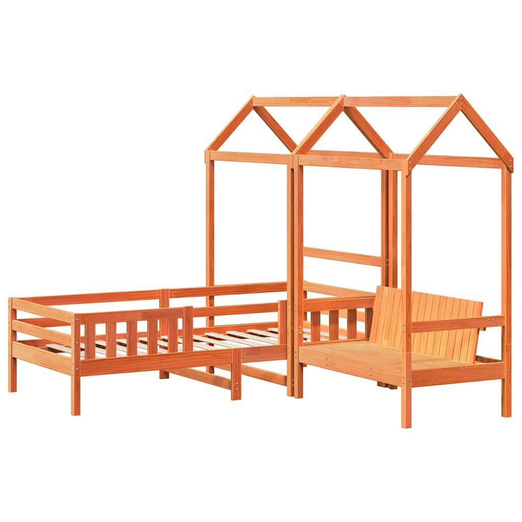 vidaXL Bett Massivholzbett und Bank mit Dach Orange 75x190 cm Kiefernholz