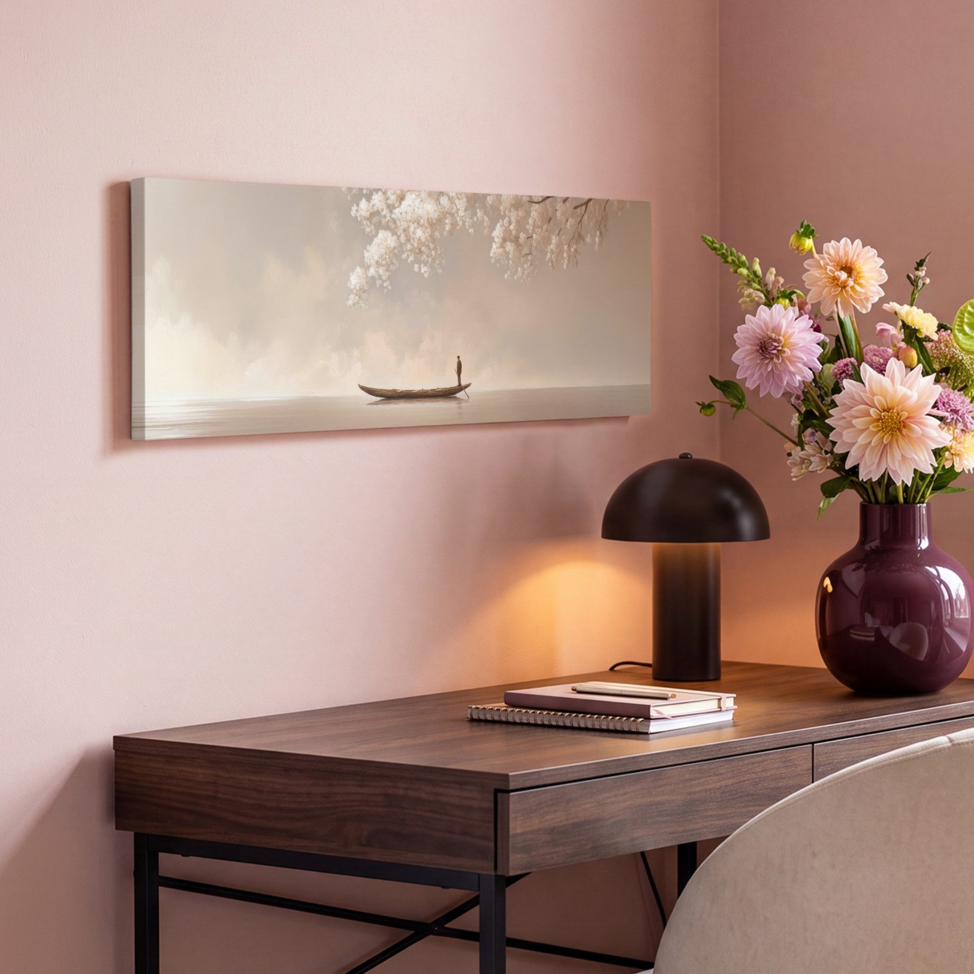 OneMillionCanvasses® Leinwandbild Panorama Blüten - Weiß - Boot - Minimalistisch, Fotodruck (1 St), Wandbild, Deko Schlafzimmer Wohnzimmer Flur 60x20 cm – Bild 4 von 5
