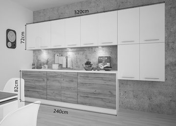 Feldmann-Wohnen Küchenzeile Silver-Platinum, 320x59x204cm weiß matt / weiß Hochglanz - wildeiche mit Arbeitsplatte