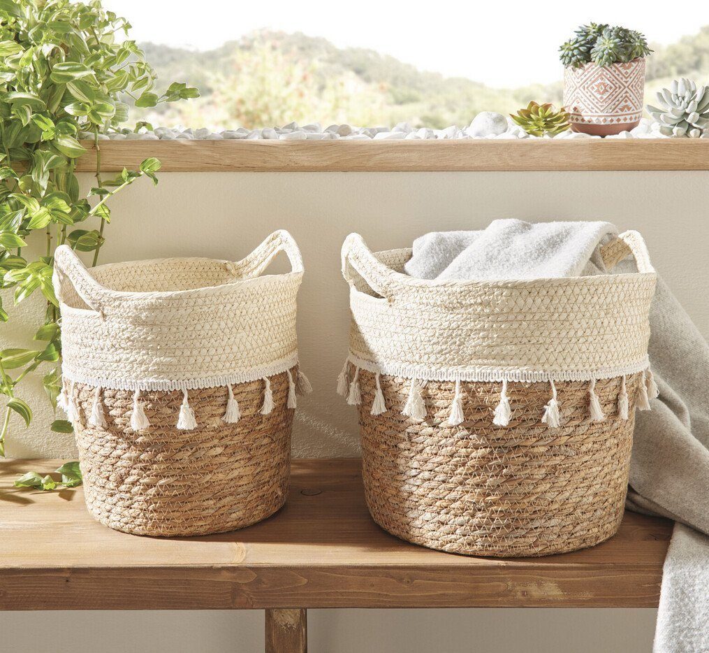 Home-trends24.de Aufbewahrungskorb Füllkorb Boho Aufbewahrungskorb Korb Griffe Pflanzkorb Natur 2er Set