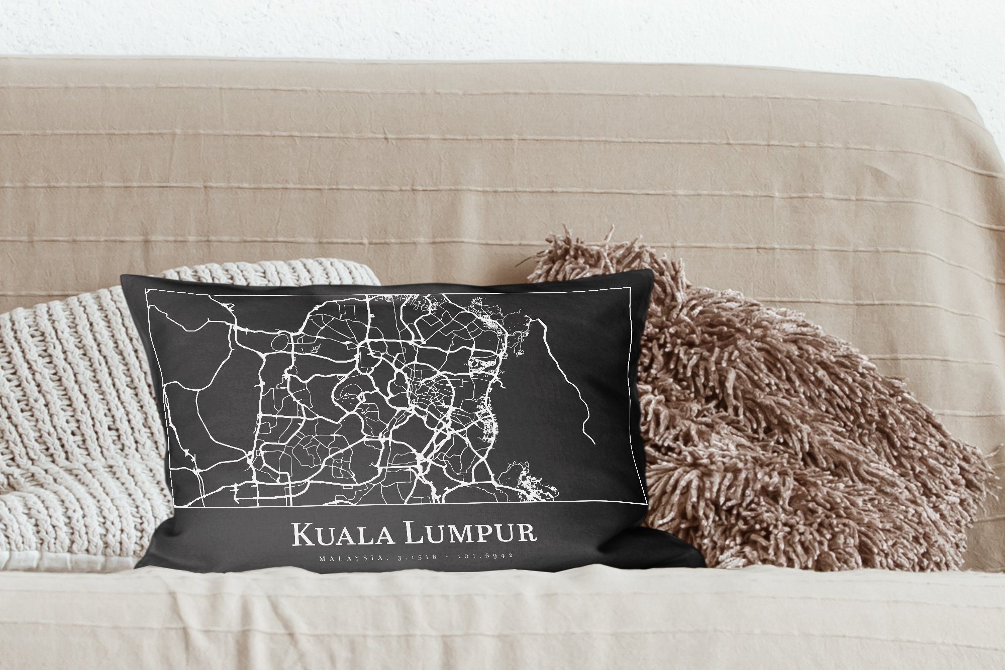 MuchoWow Dekokissen Stadtplan - Zierkissen, Karte, Füllung, Dekoration, Dekokissen Schlafzimmer - Wohzimmer Kuala mit Lumpur