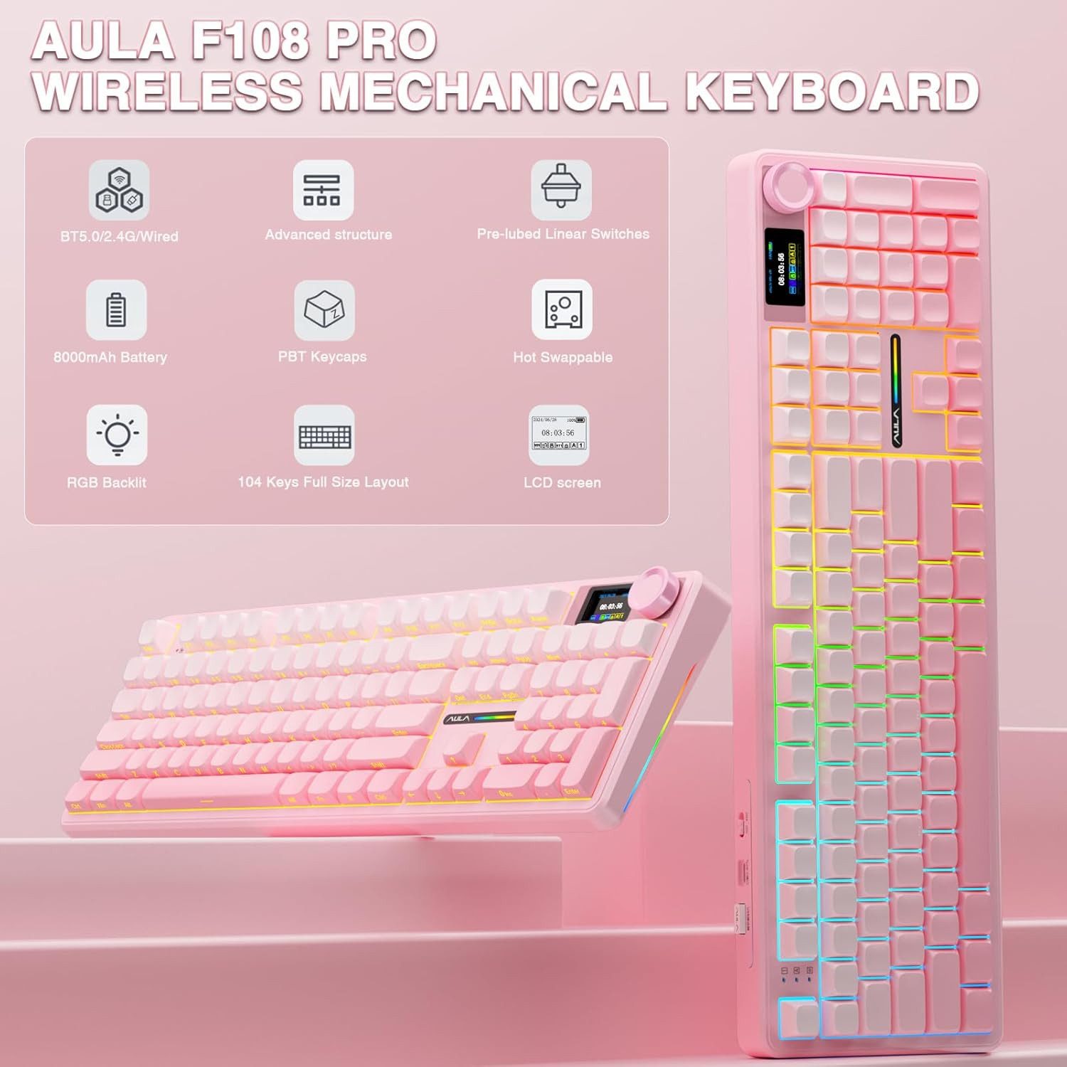 nsihing AULA F108 Pro Mechanische Gaming Tastatur mit Display & Drehknopf Gaming-Tastatur