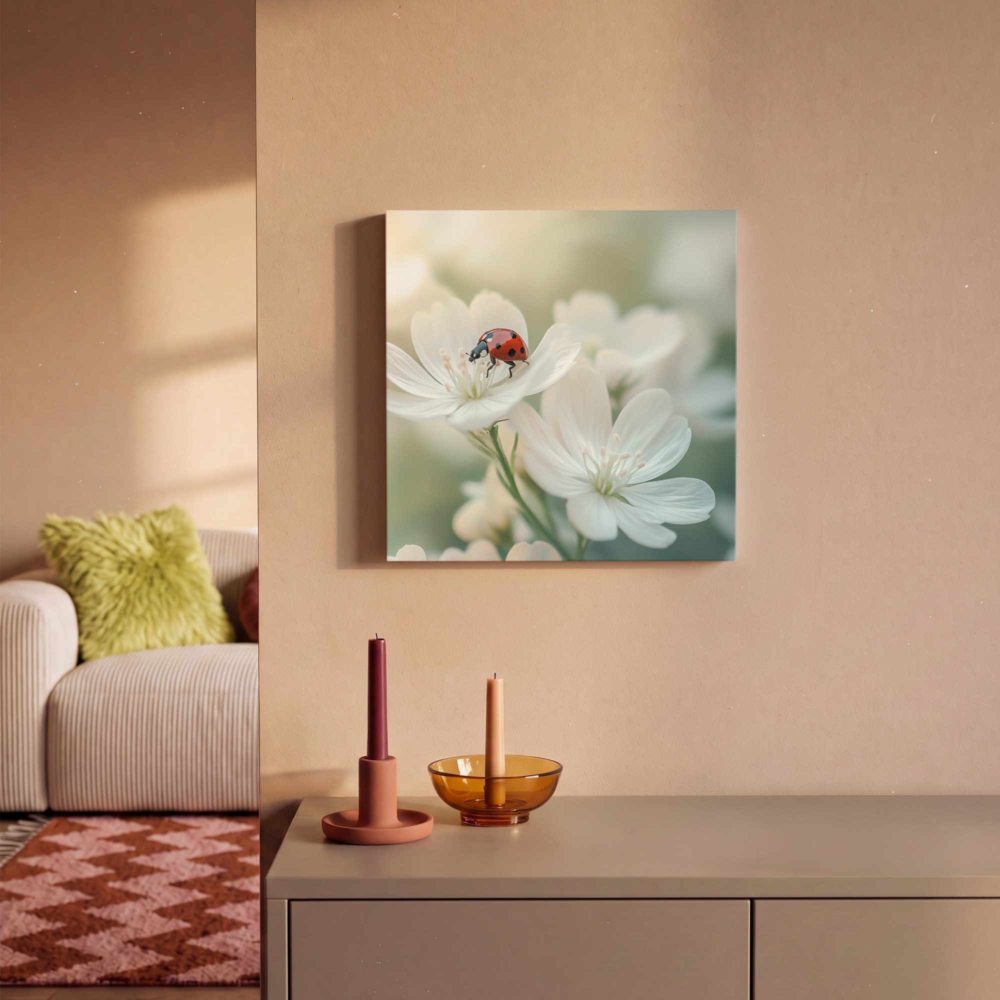 OneMillionCanvasses® Leinwandbild Marienkäfer - Blumen - Weiß, Fotodruck (1 St), Leinwand Bilder Klein, Wand Dekoration Aesthetic 30x20 cm – Bild 2 von 5