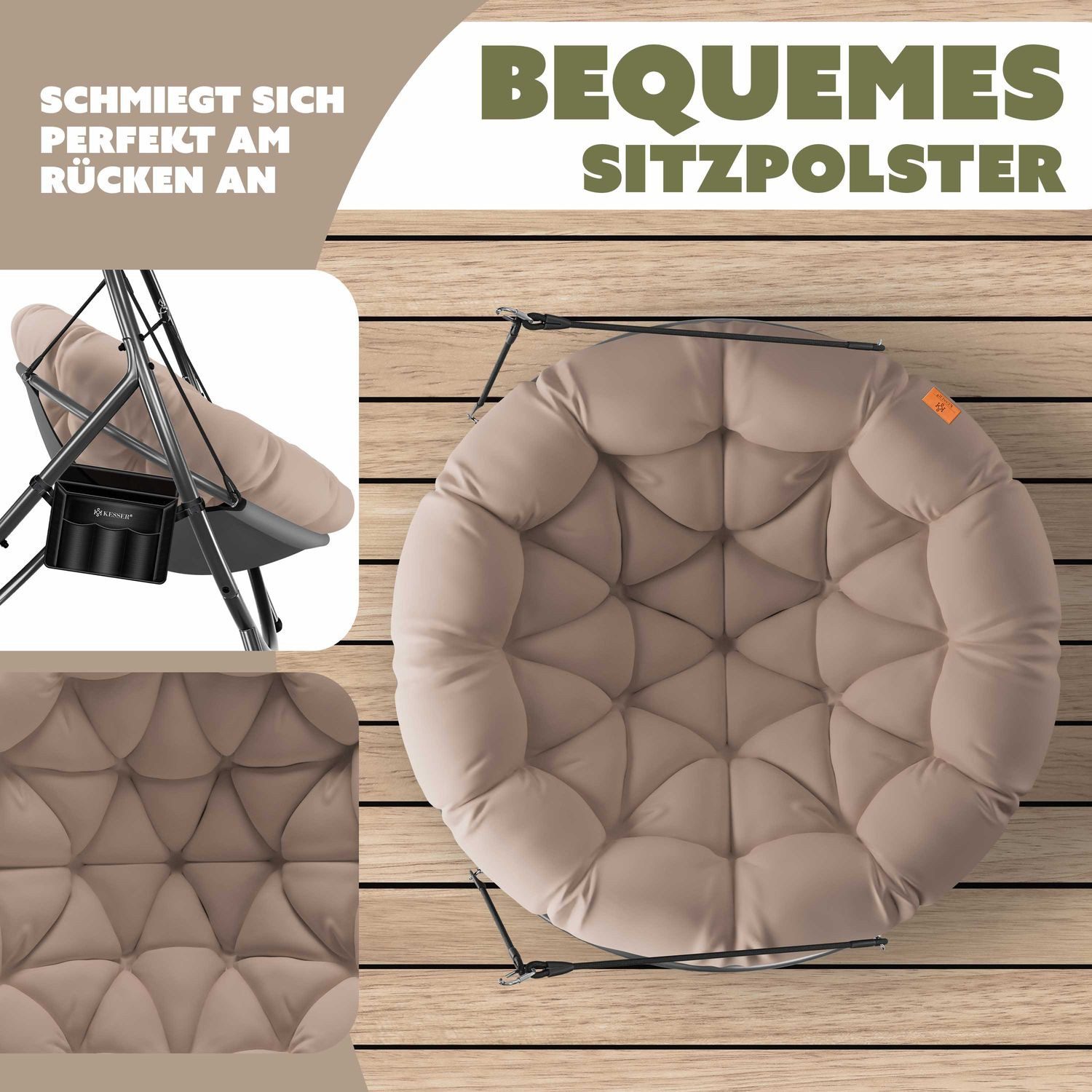KESSER Hängesessel Bali Hängesessel mit Gestell Hängeschaukel Hängestuhl bis 150kg (mit Wipp Funktion, Kissen & Seitentasche), Hängekorb Stahlgestell Schaumstoff Sitzpolster für Wohnzimmer & Garten