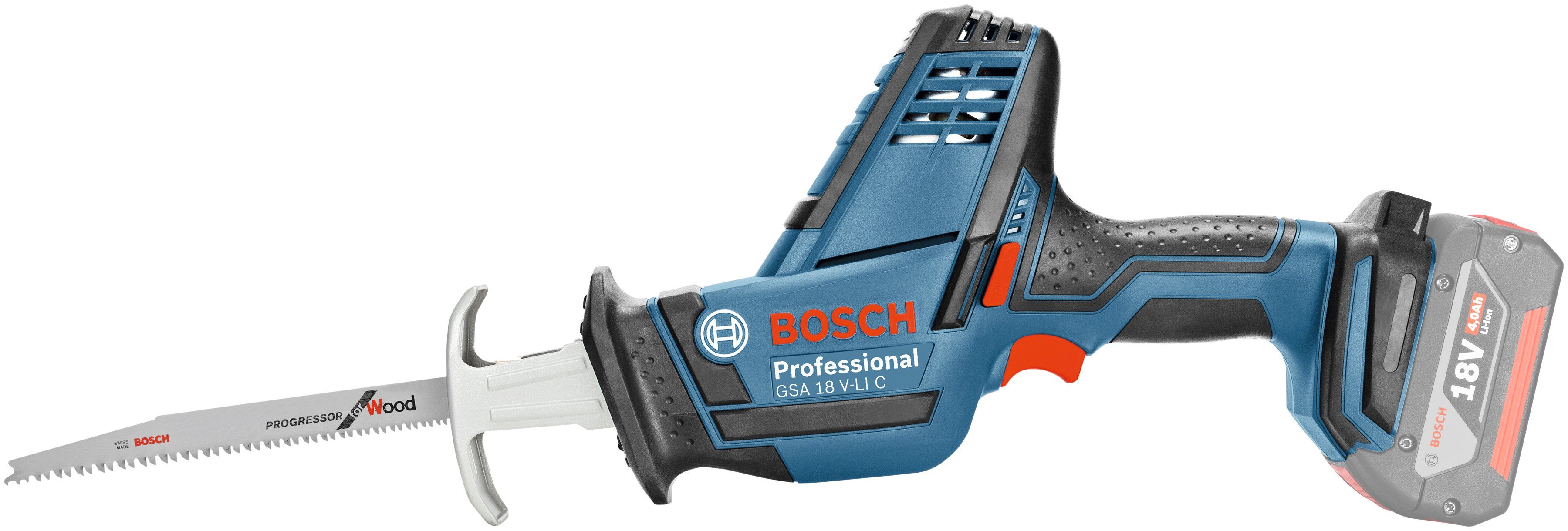 Bosch Professional Akku-Säbelsäge GSA Sägen Zum von 18 Ladegerät, und Brettern, Rohren V-LI Verwendungszweck: Latten oder ohne C, Profilen, Akku