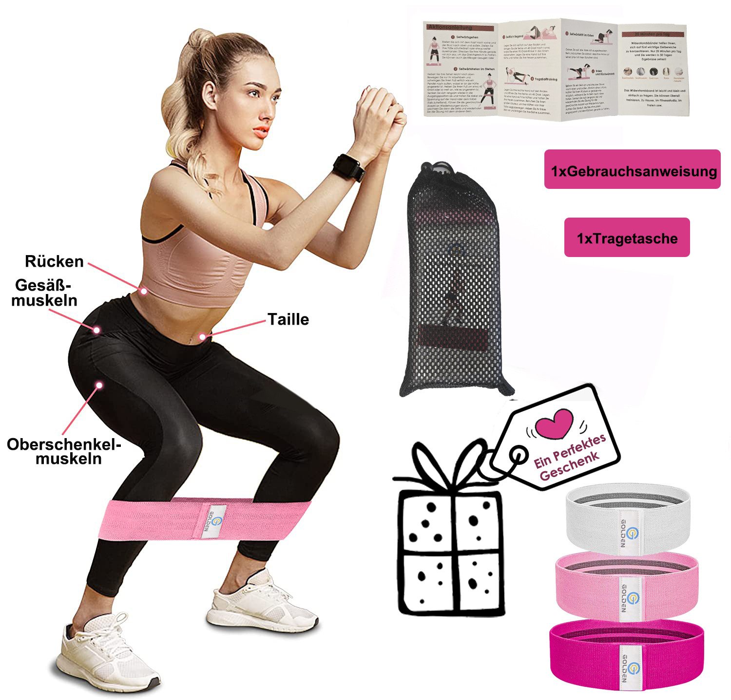 GOLDEN Trainingsbänder Fitnessband Hüftbänder Übungsband Sportband Widerstandsbänder Training