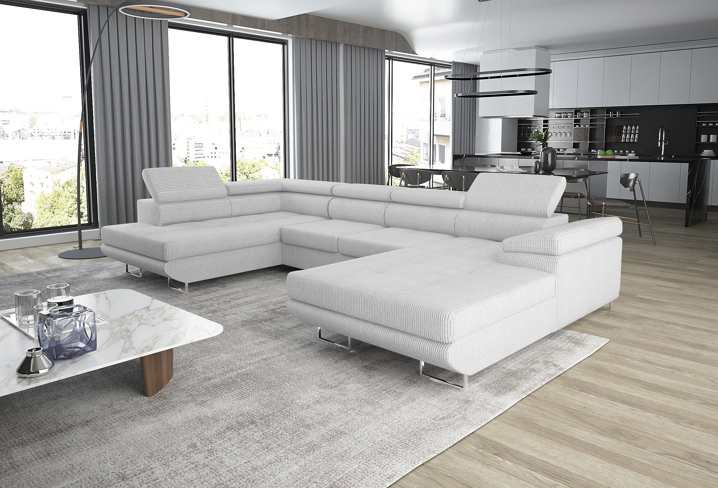 thematys Ecksofa GRENADA in Samt Monolith oder Cord Poso Stoff 355 x 162 cm, U-Form 3 Teile XL-Wohnlandschaft mit Schlaffunktion und Bettkasten