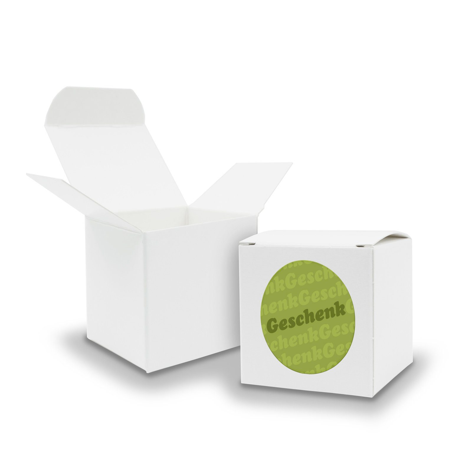 SET + itenga 24xFaltschachtel weiß Geschenkpapier Würfel (Motiv4) 6,5cm Geschenk Sticker