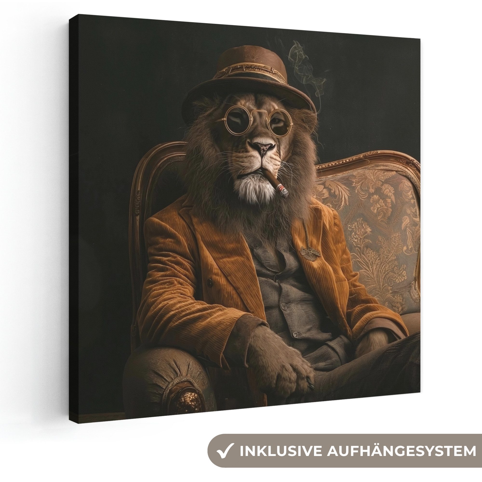 OneMillionCanvasses® Leinwandbild Brille - Löwe - Bank - Hut, Fotodruck (1 St), Wandbild, Deko Schlafzimmer Wohnzimmer Flur 20x20 cm