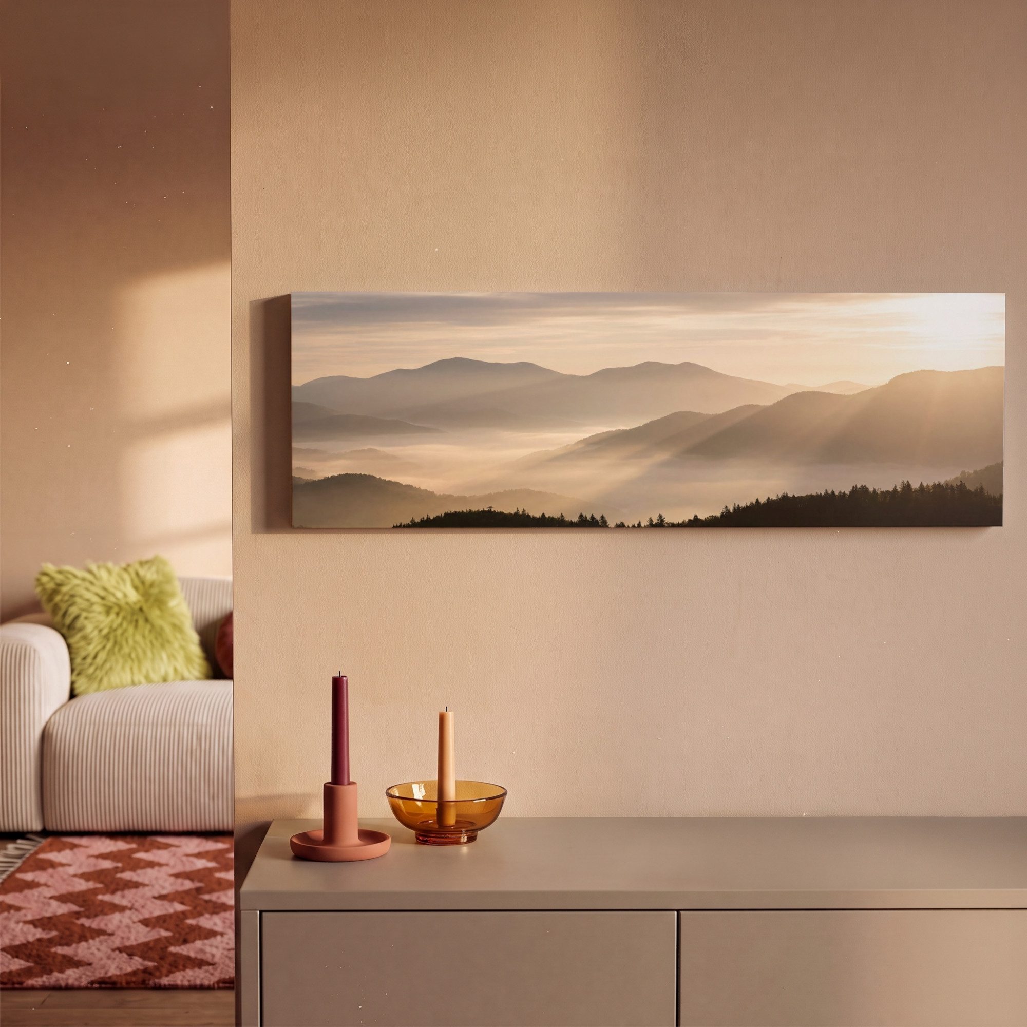 OneMillionCanvasses® Leinwandbild Panorama Berge - Nebel - Sonnenstrahlen, Fotodruck (1 St), Wandbild, Deko Schlafzimmer Wohnzimmer Flur 60x20 cm – Bild 2 von 5