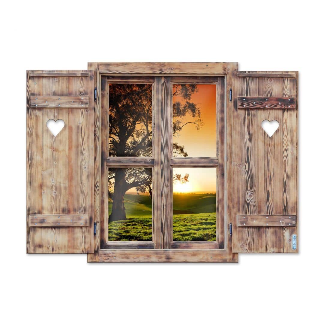 selbstklebend 3D Wandtattoo Aufkleber Holzoptik Sonnenuntergang Wandtattoo Landschaft, Holzfenster Wandbild Art Wall Vintage K&L