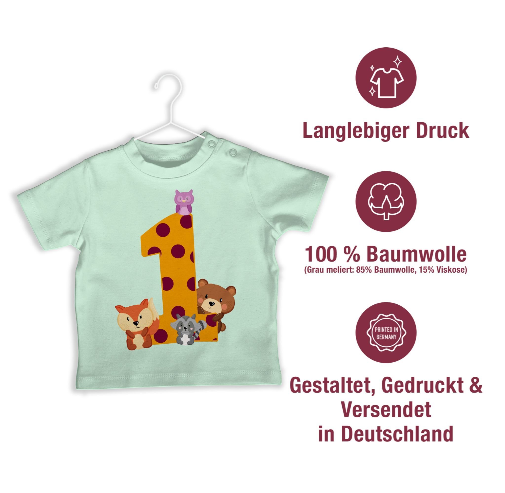 Shirtracer T-Shirt 1. Waldtiere Mintgrün 2 Eins Geburtstag