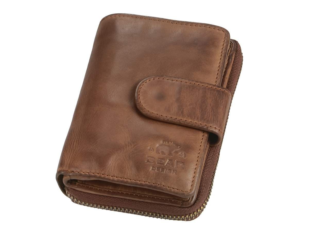 Bear Design Geldbörse Ciro, Damenbörse, Portemonnaie, Leder in cognac braun, 10 Kartenfächer