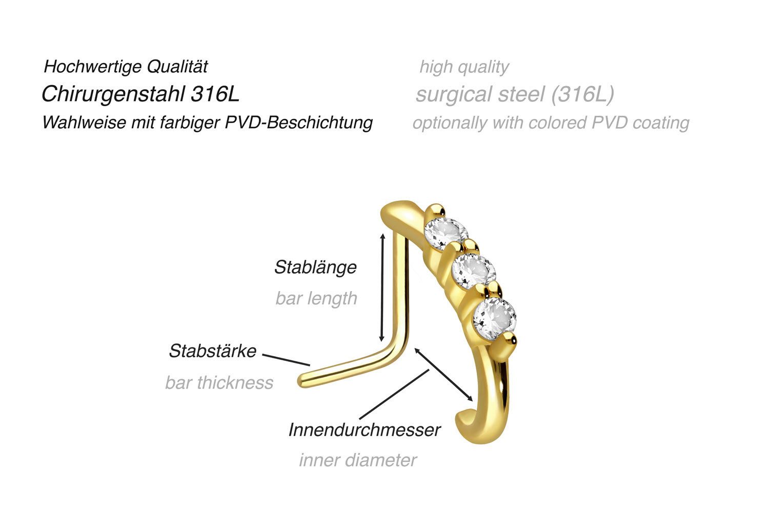 PIERCINGLINE Nasenpiercing Chirurgenstahl Nasenstecker 3 GROSSE KRISTALLE (Nasenstecker, 1-tlg)