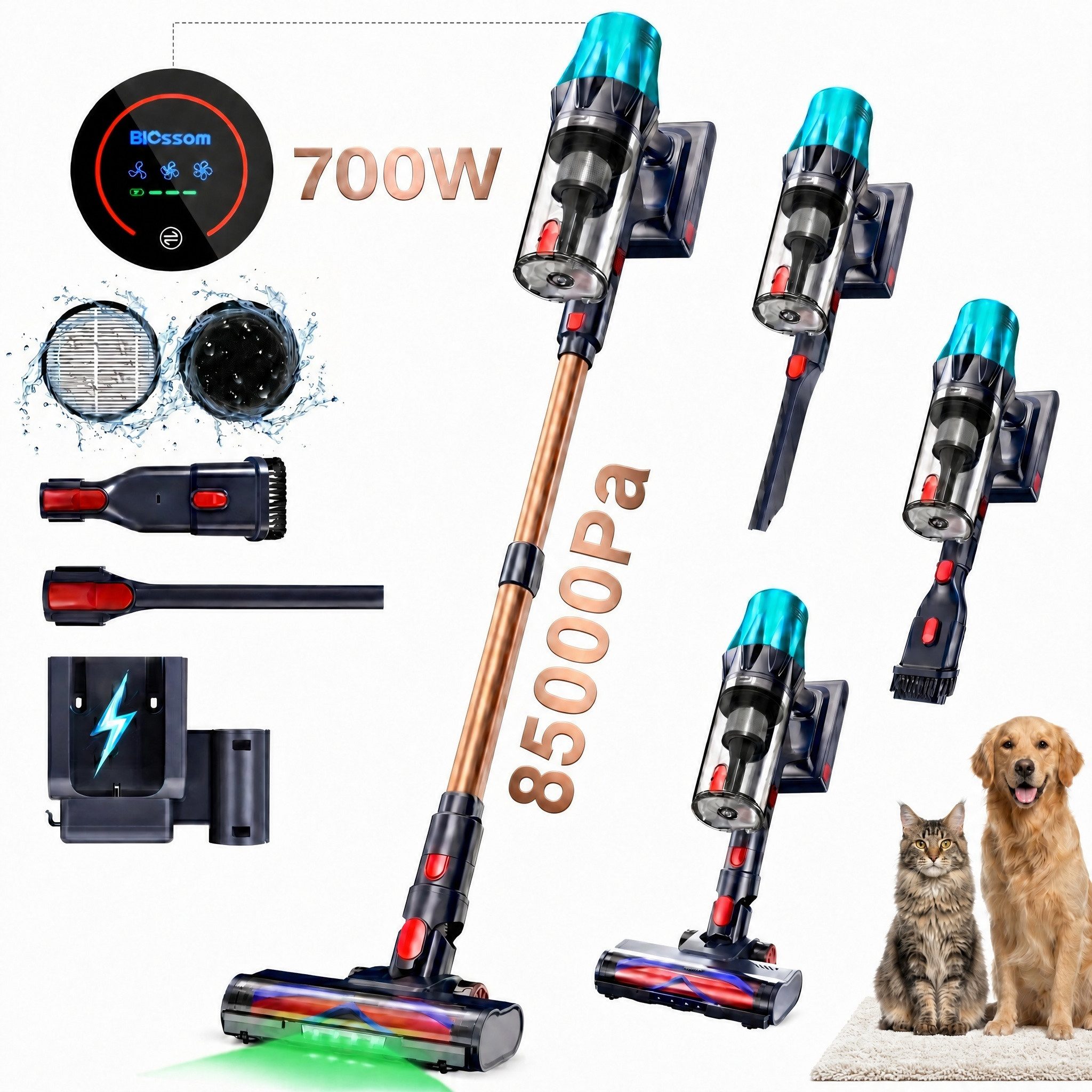 Blossom Akku-Hand-und Stielstaubsauger Akku Staubsauger Staubsauger Kabellos 85000Pa/70Min/2,1L, 700 W, beutellos, 52dB leise/6-Stufen-Filter/OLED Display,Ideal für Böden/Teppiche/Auto