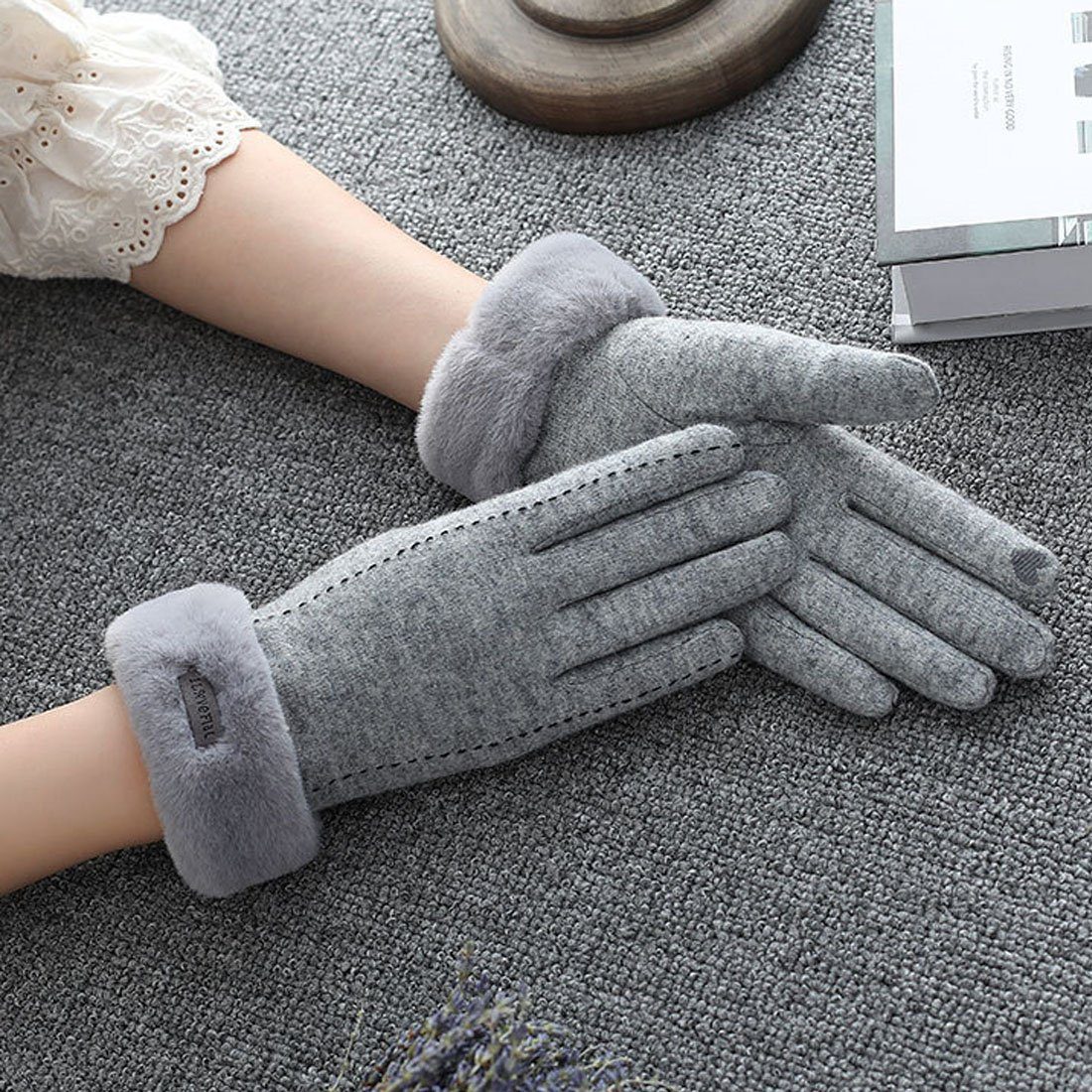Grau Warme Handschuhe Fleecehandschuhe Cashmere Touchscreen Reithandschuhe,Faux Winter Damen DÖRÖY