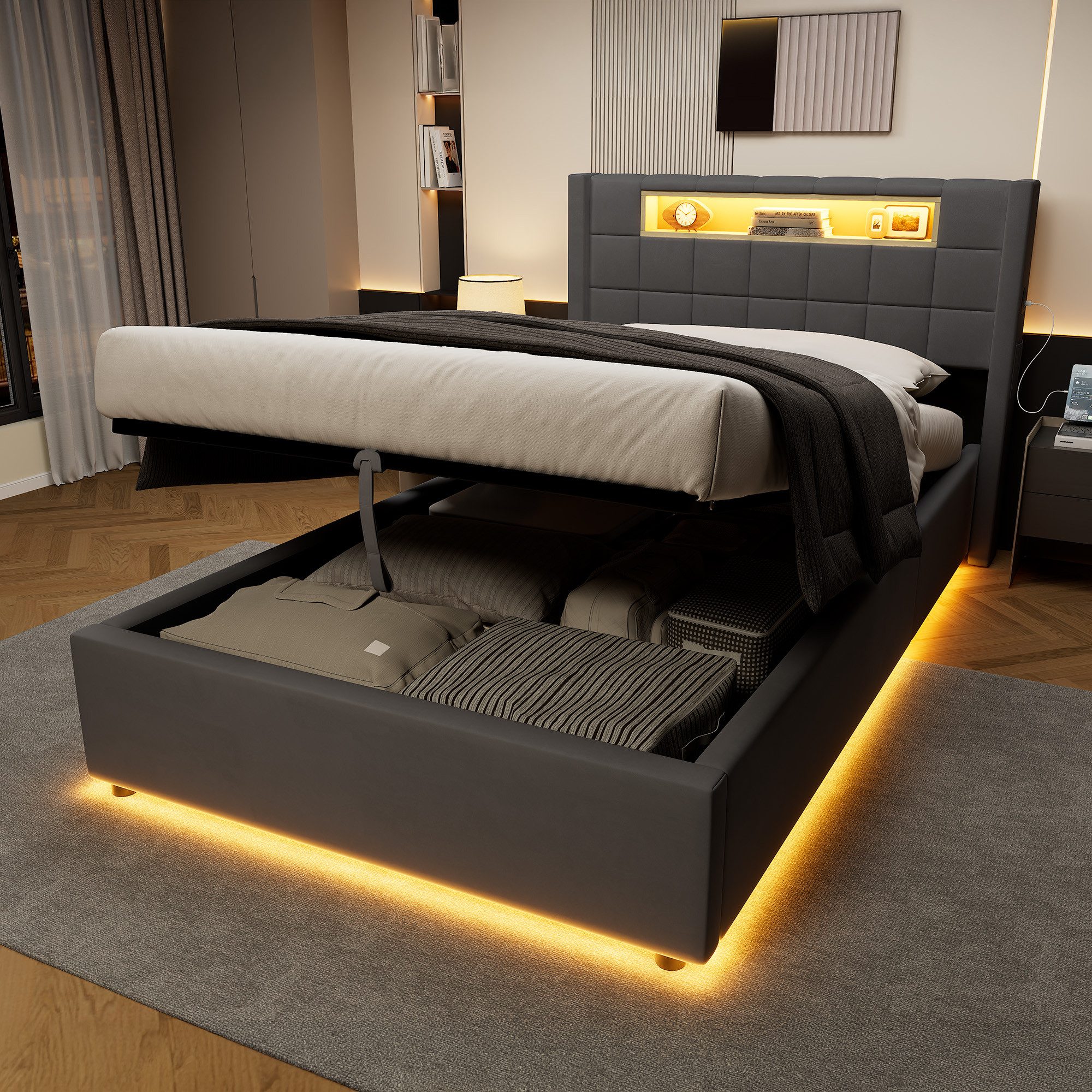 REDOM Polsterbett Bett mit hydraulischem Kasten und USB Typ-C Ladestation (Packung, 1-tlg., Doppelbett ohne Matratze mit moderner Optik im Schlafzimmer), Schlafbett 90x200 cm Grau mit Samtbezug und Ladeanschlüssen