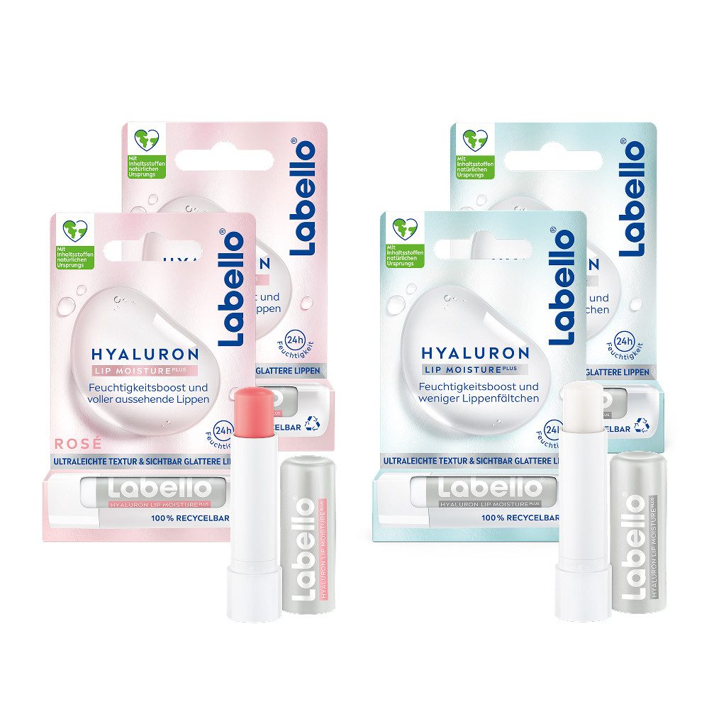 Labello Lippenpflegestift HYALURON LIP MOISTURE PLUS Lippenpflege 2x Clear + 2x Rosé, 4-tlg.