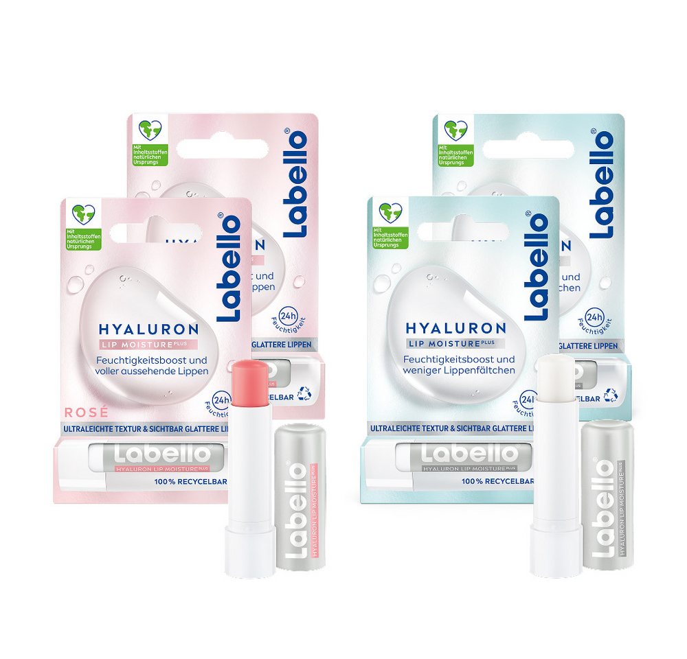 Labello Lippenpflegestift HYALURON LIP MOISTURE PLUS Lippenpflege 2x Clear + 2x Rosé, 4-tlg.