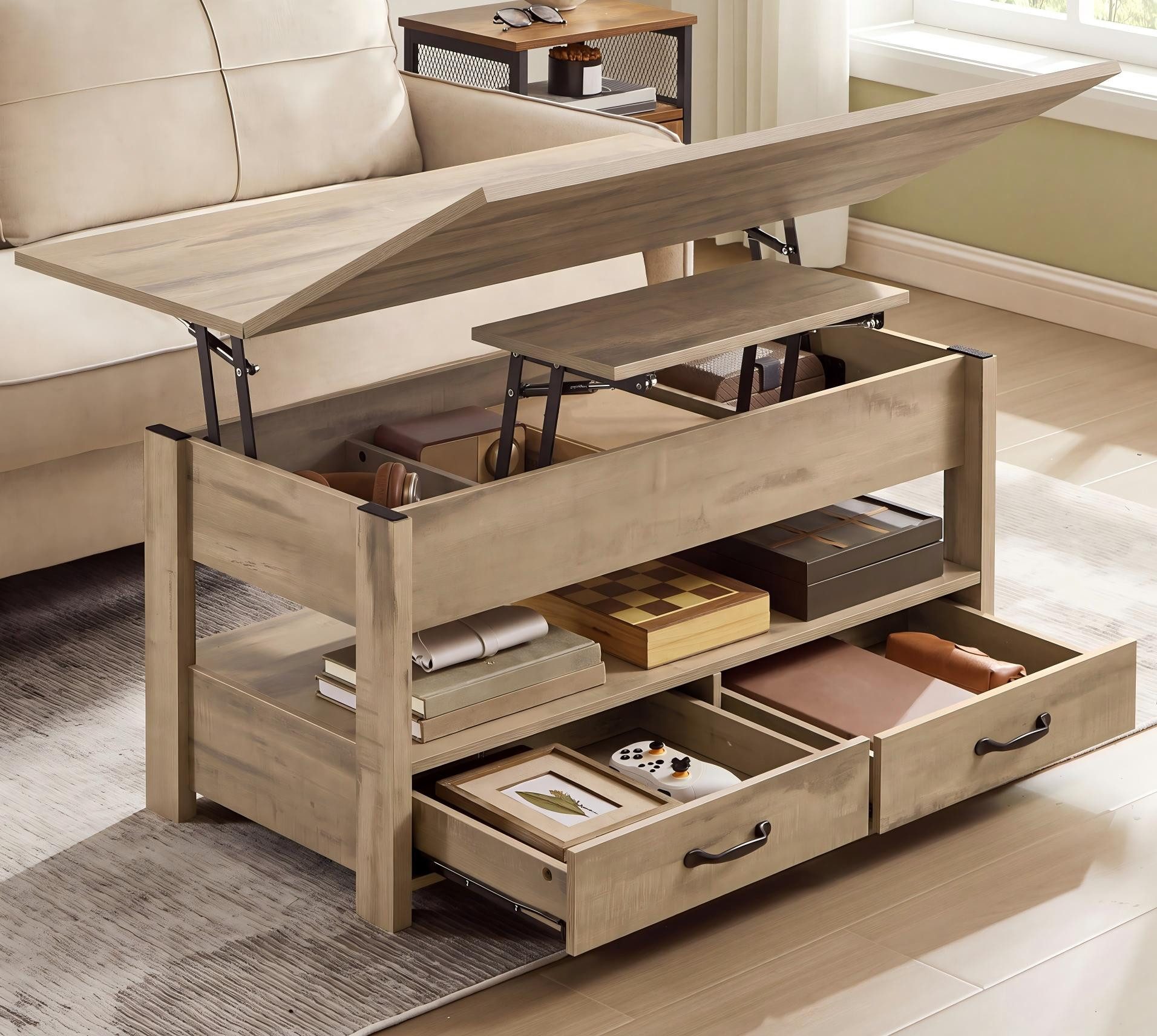 VASAGLE Couchtisch höhenverstellbar mit 2 hochklappbaren Tischplatten, Stauraum (multifunktional, inkl. Zubehörpaket & Anleitung), 2 Schubladen und Ablage, Wohnzimmertisch, braun