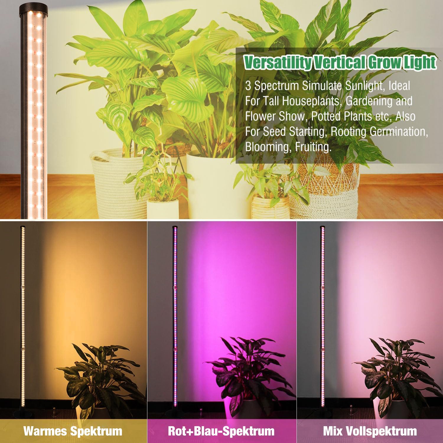 Jibenhome Pflanzenlampe LED Stehende Pflanzenlicht H40-122cm Wachstumslampe, mit 6/9/12H Timer,3 Farben,Volles Spektrum
