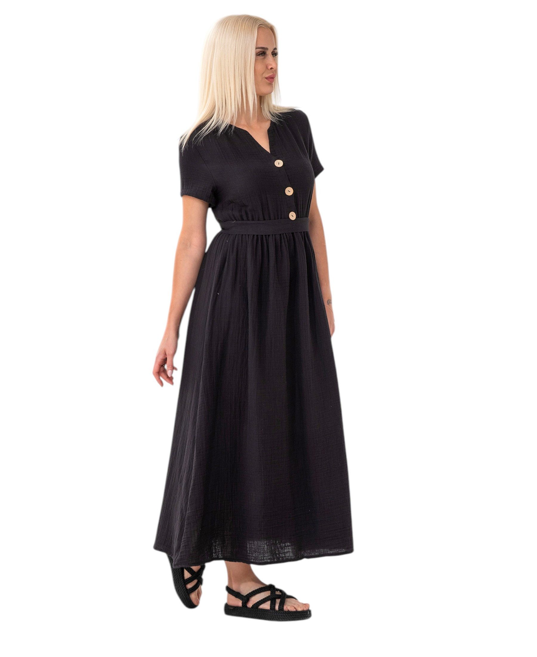 WENOR Sommerkleid Musselin Boho Kleid mit Knopfleiste & Taillenband, Freizeitkleid (1-tlg) Vorn mit Holzknöpfen, Bindegürtel an der Taille