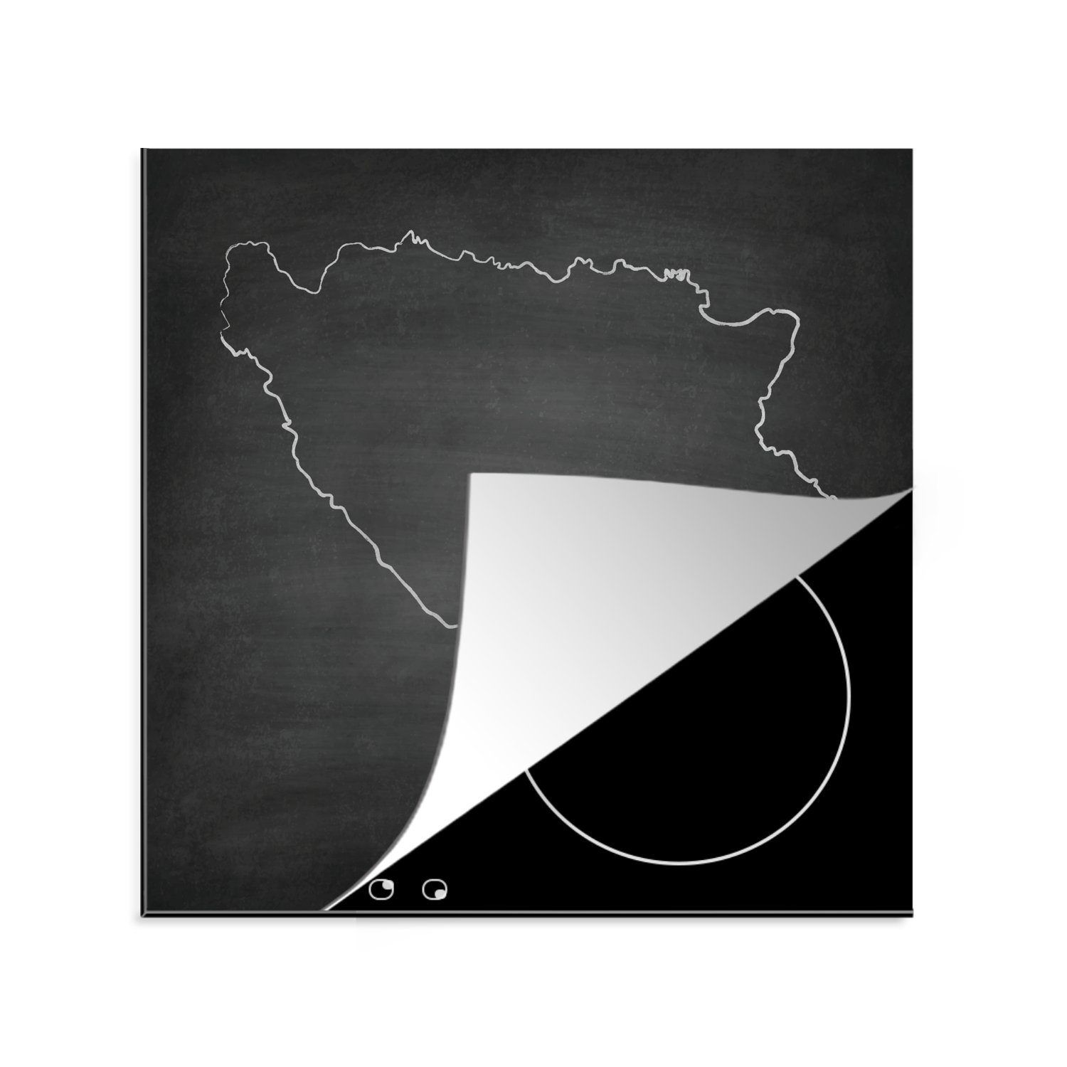 MuchoWow Herdblende-/Abdeckplatte Schwarz-weiße Illustration von Bosnien und Herzegowina auf einer, Vinyl, (1 tlg), 78x78 cm, Ceranfeldabdeckung, Arbeitsplatte für küche