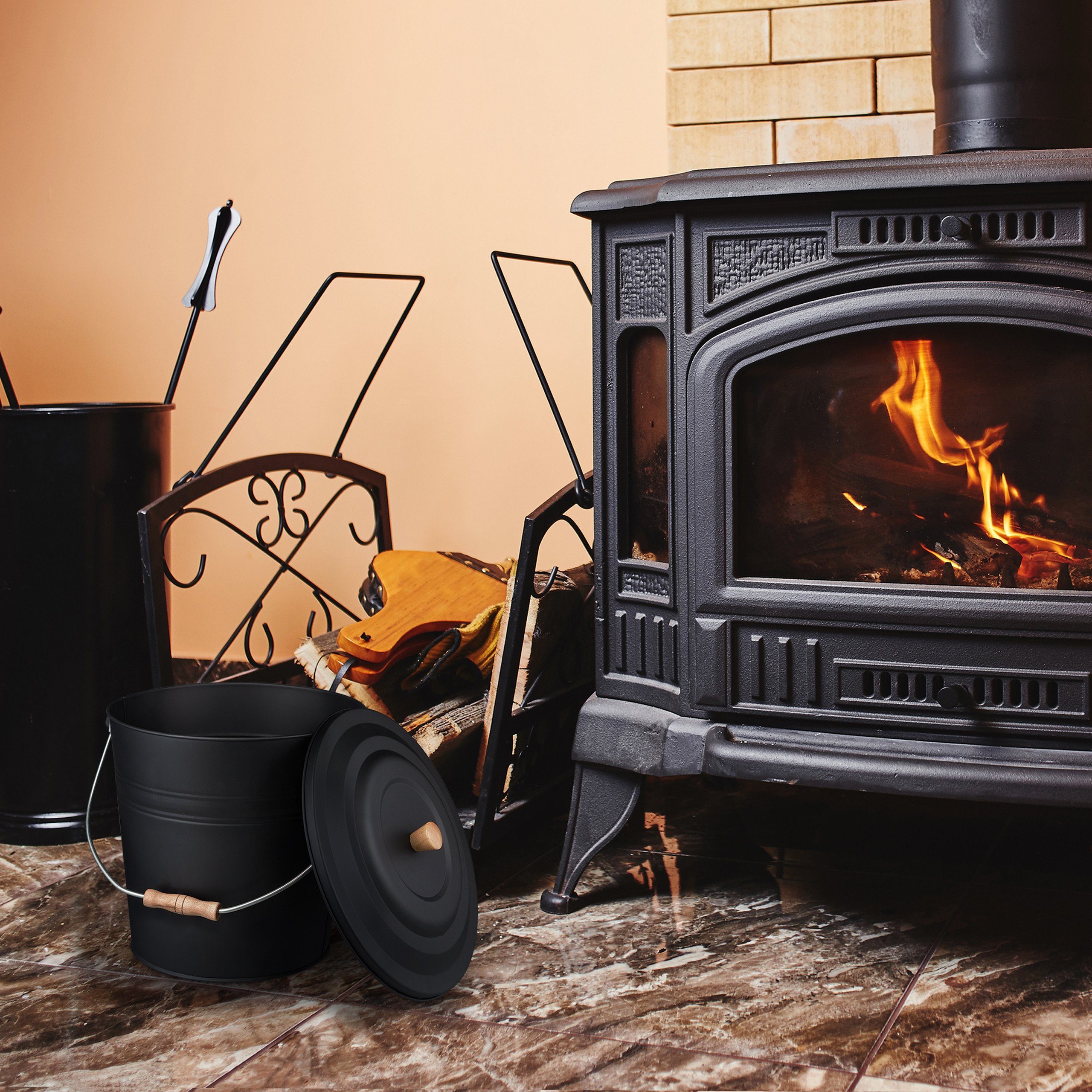 relaxdays Mülleimer Schwarzer Ascheeimer mit Deckel 12l