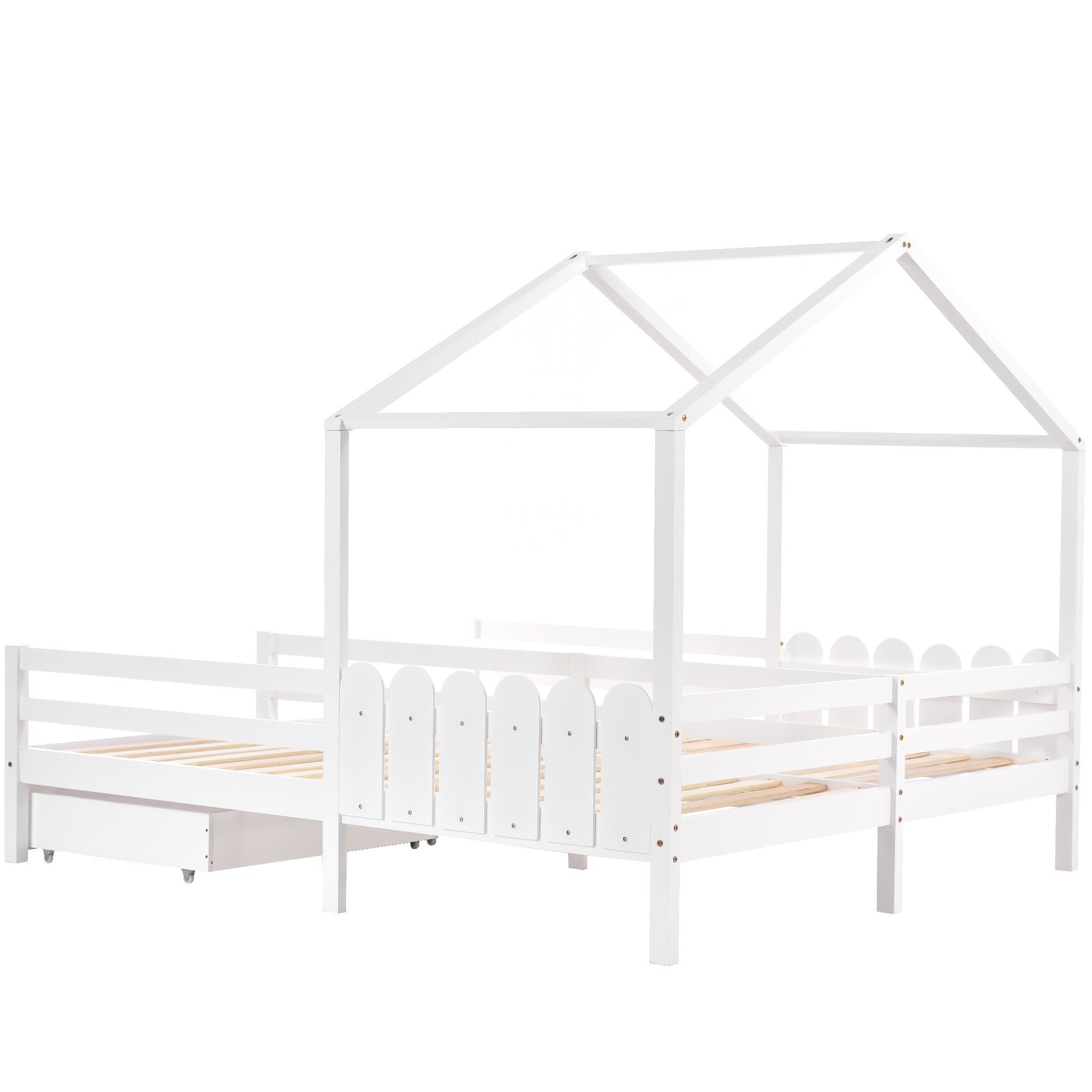Kinderbett (Jugendbett mit Lattenrost), Hausbett 90x200 cm mit zwei Liegefläche, Schubladen und Rausfallschutz