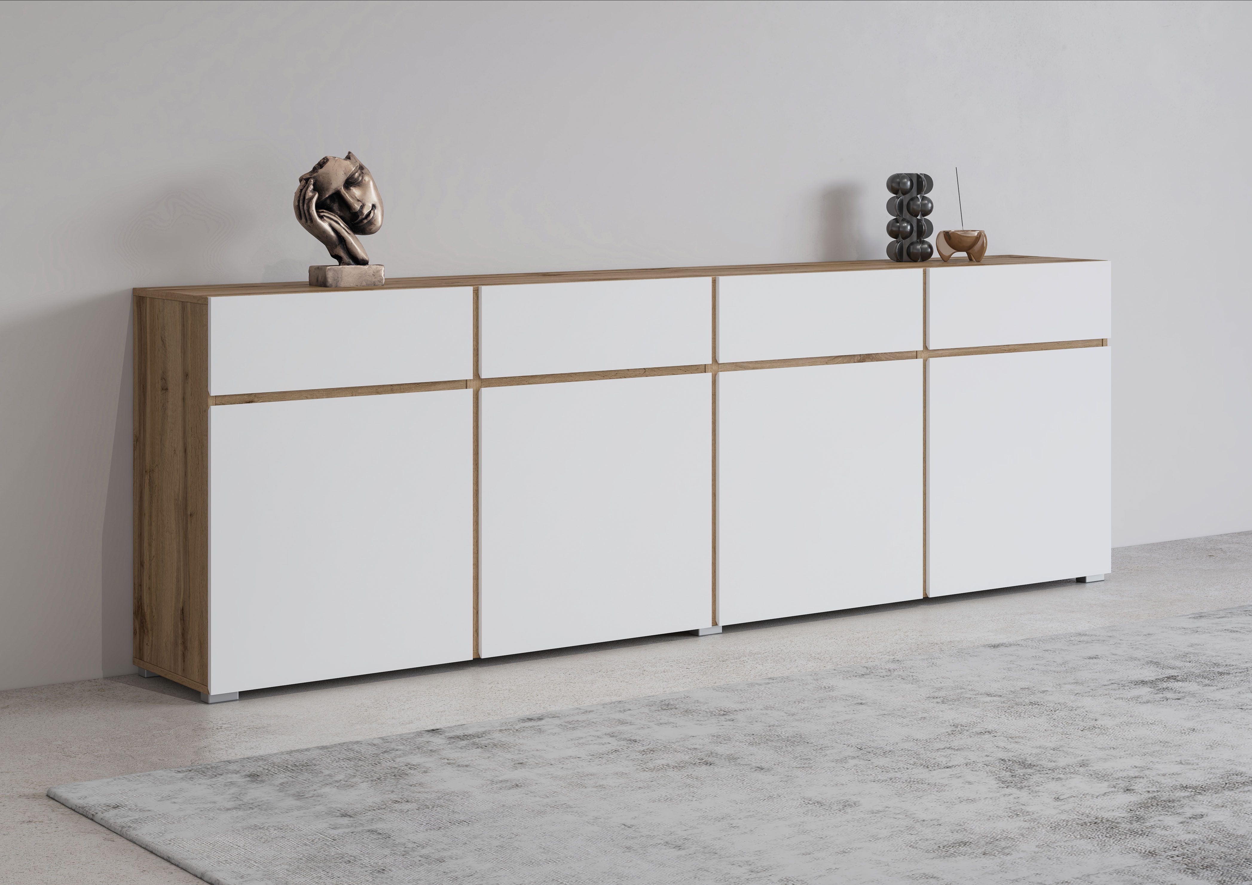 Sideboard Cross,Breite 225 cm, moderne grifflose Kommode,4 Türen/4 Schubkästen