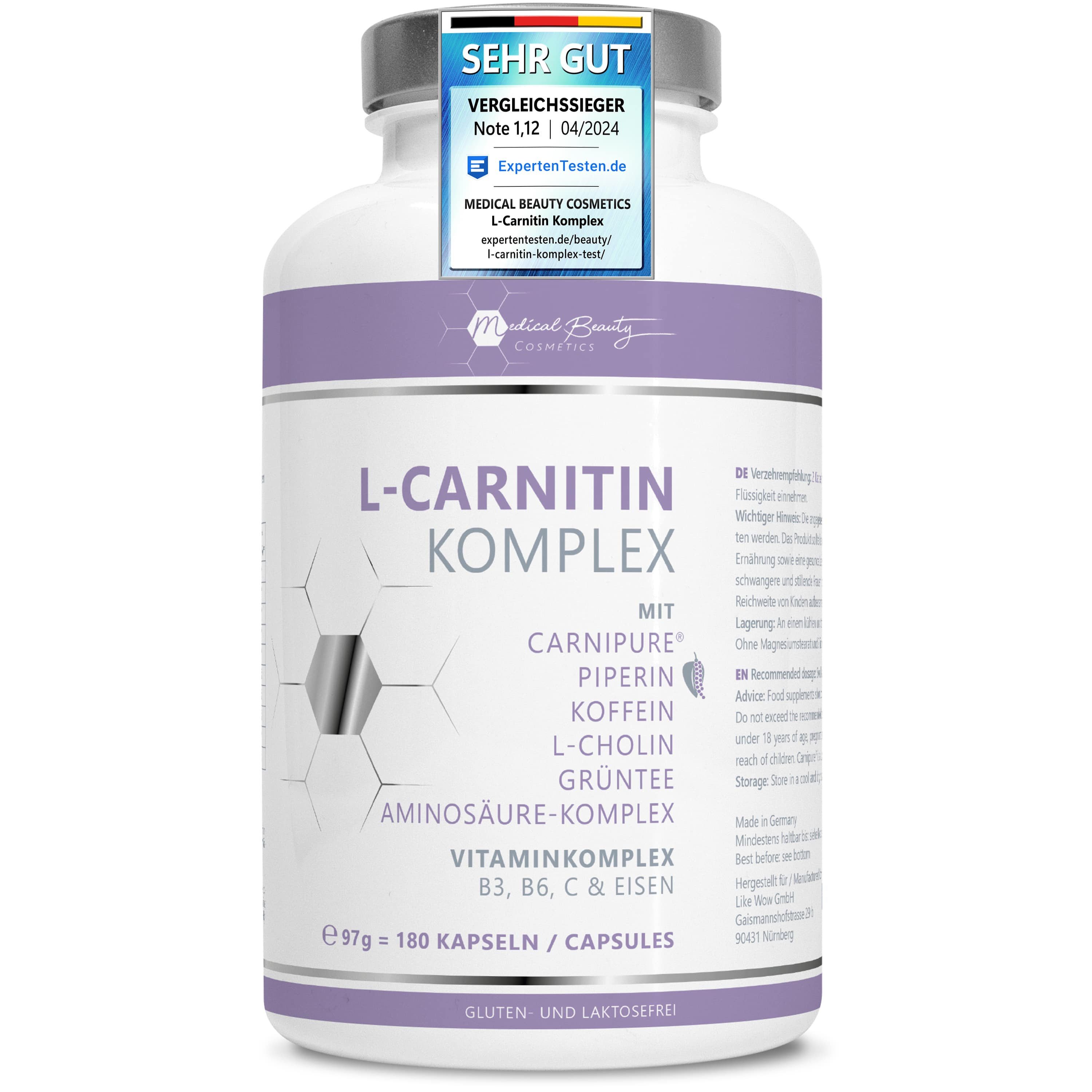 Medical Beauty Cosmetics L-Carnitin Komplex hochdosiert mit Carnipure® - 180 vegane Kapseln Kapseln, 1 er Packung à 95.5 g, Vegan, Glutenfrei, Laktosefrei, ohne Gentechnik, laborgeprüft