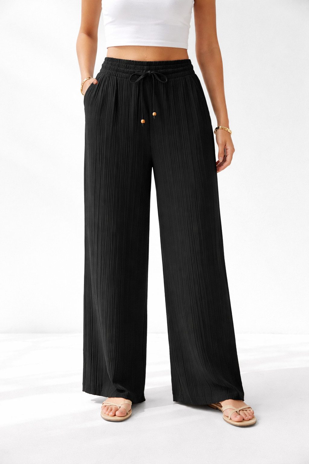 SUBLEVEL Chinos Damen Sommerhose Freizeit Weit geschnitten Stoff Fließende Plissee Hos