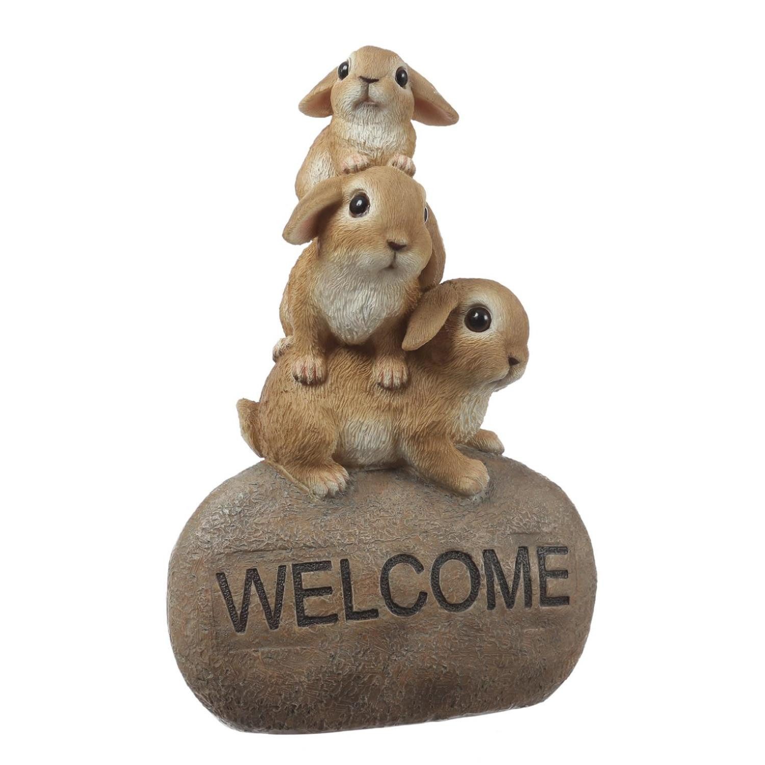 Gartenfigur Dekofigur Welcome 3 Hasen auf Stein Frühling Ostern Eingangsdeko