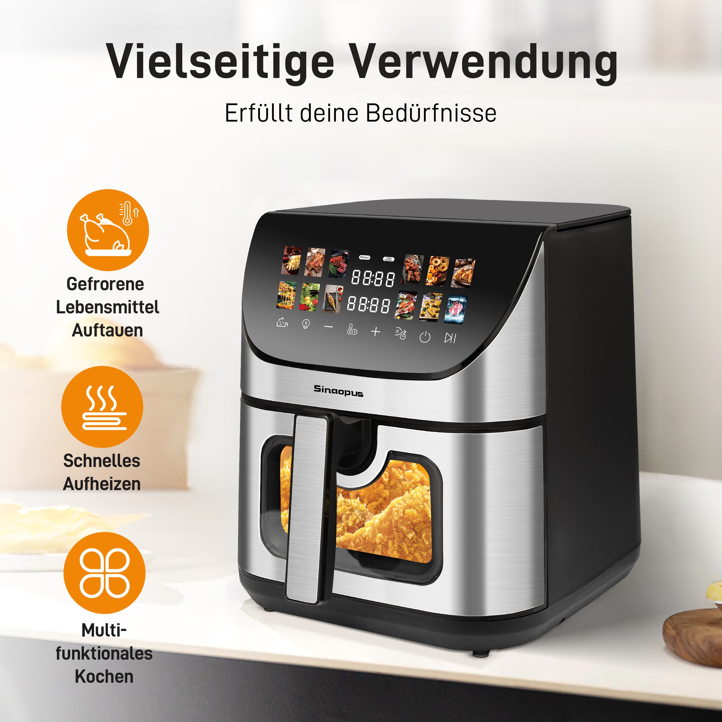 Sinaopus Heißluftfritteuse 8,5L XXL, Airfryer mit Sichtfenster, 12 Programmen, 1800,00 W, Airfryer mit LED-Farbdisplay, Timer & 80–200 °C Temperatur