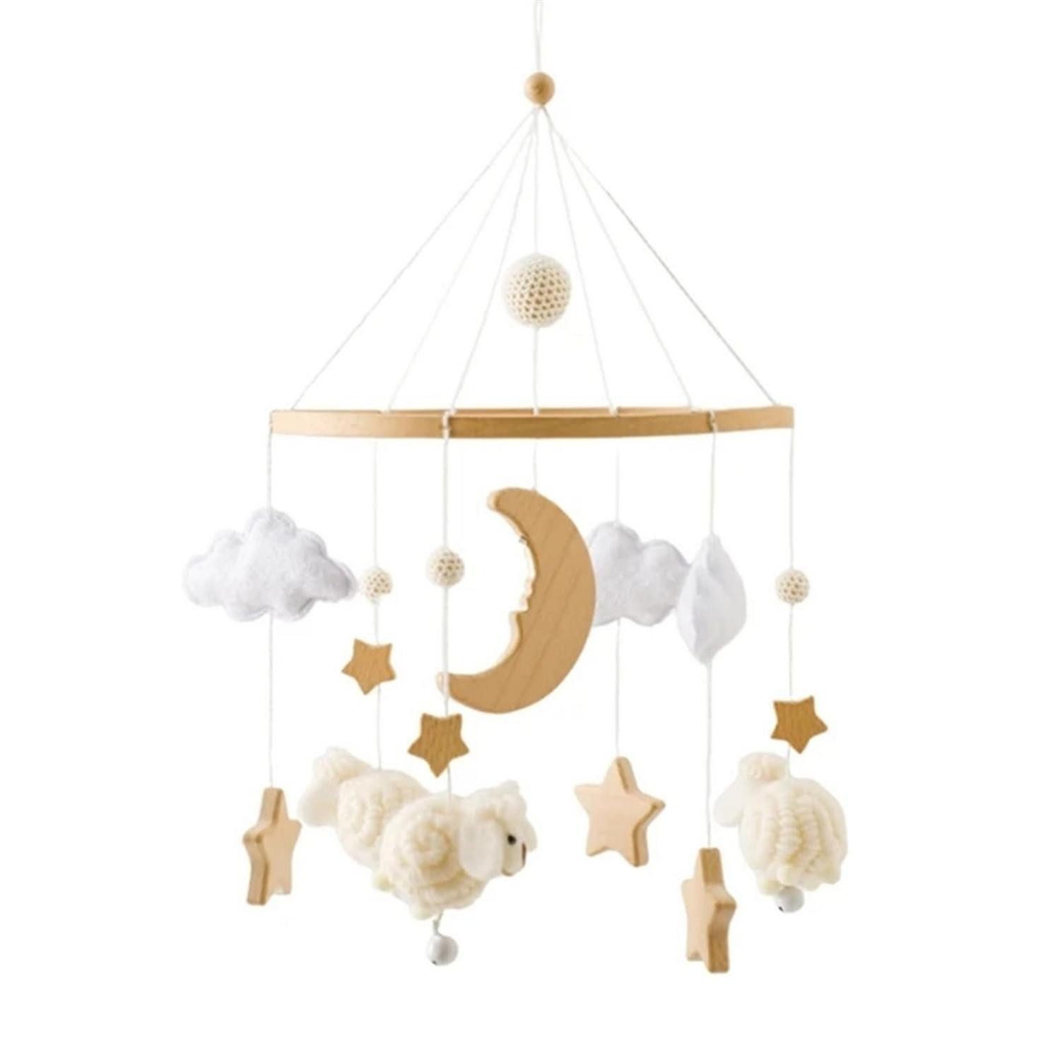 LuxusKollektion Mobile Mobile Baby Tiere Windspiele Stern Mond Lamm Holz Filzbälle Weiß