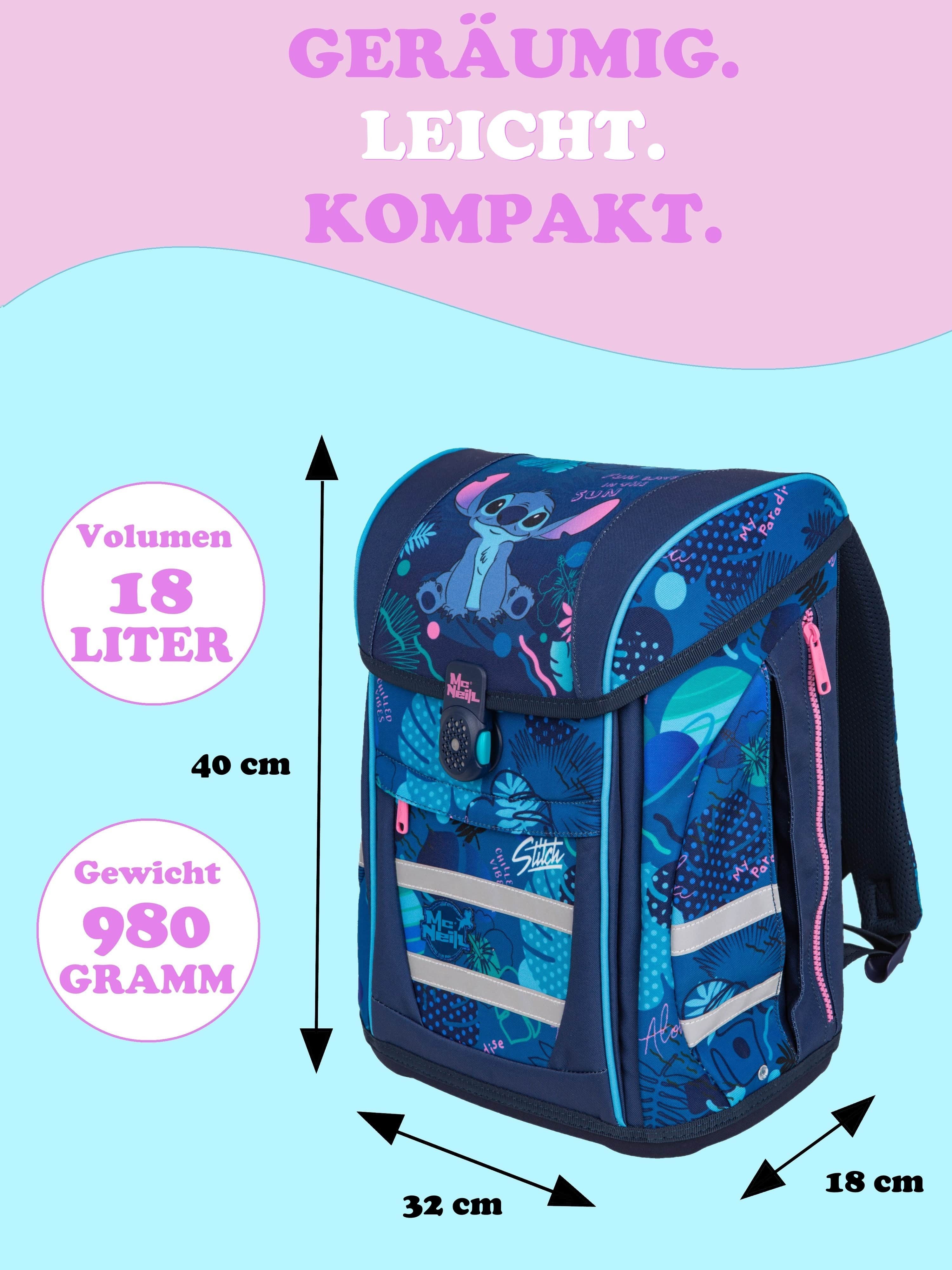 McNeill Schulranzen Disney Stitch Schulranzen ab der 1. Klasse, 18L Volumen, 980 Gramm (Set, 6-tlg., mit Regenschutz und gefüllter Federmappe), McNeill Teneris Sonder-Edition