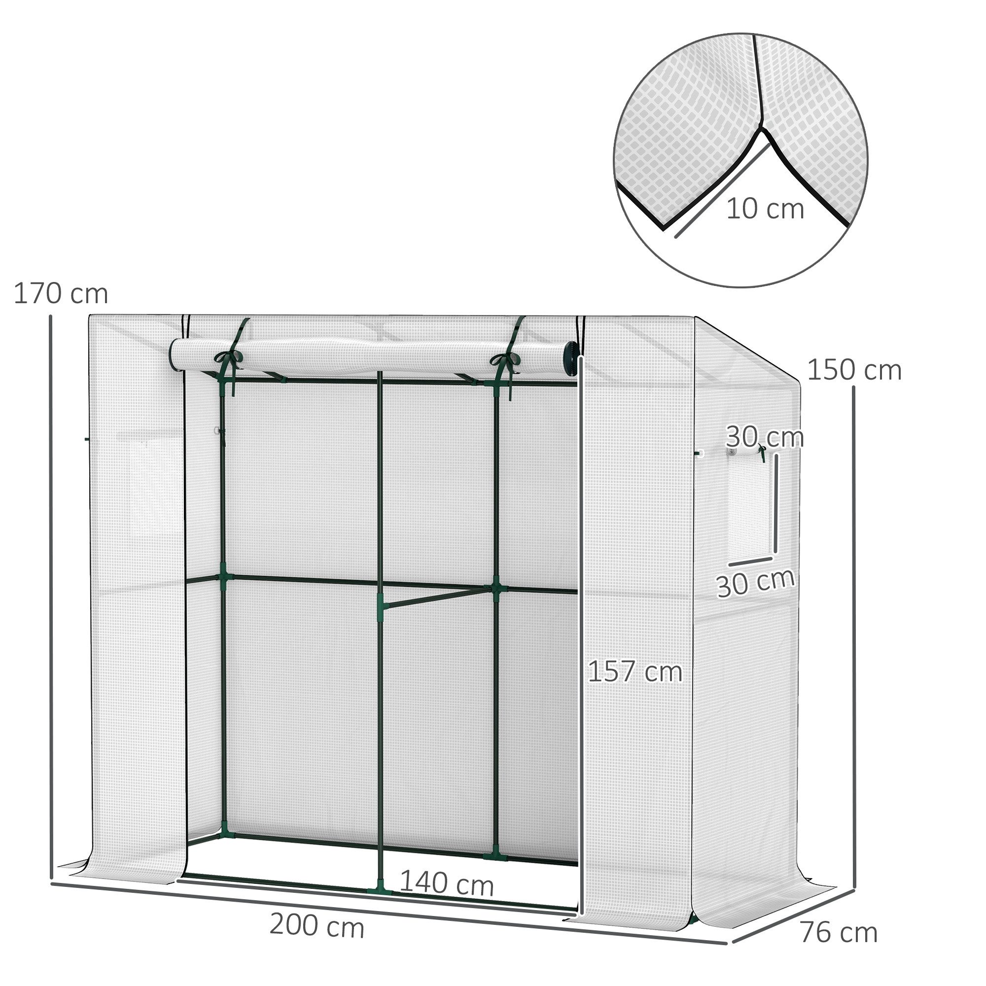 Outsunny Foliengewächshaus mit Rolltür 2 Fenster, winterfest, aus Stahl, mit UV schutz, BxTxH: 200 x 76 x 170 cm, BxLxH: 76 x 200 x 170 cm, Gewächshaus 1-St., Folien Treibhaus, für Gemüse Blumen Pflanzen Weiß