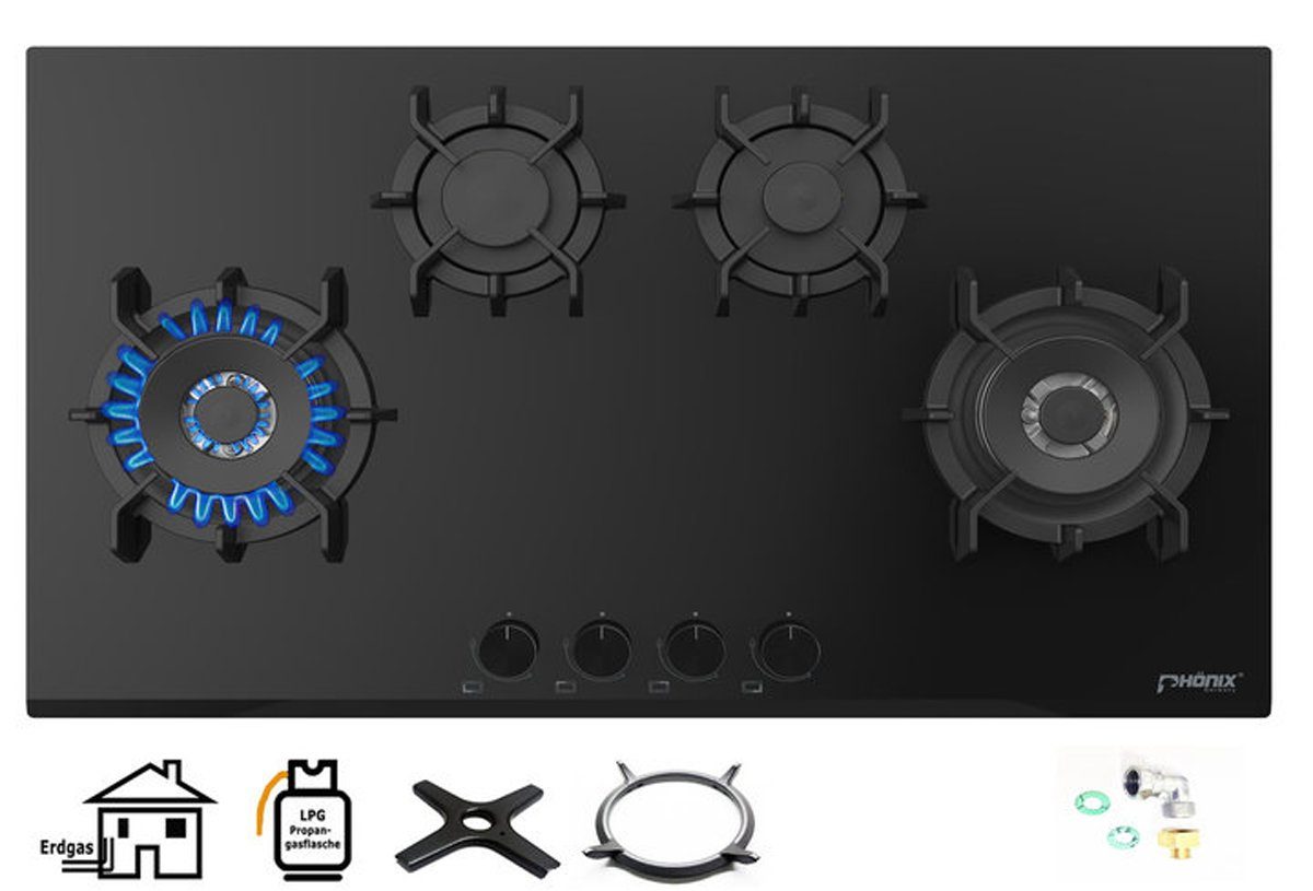 Phönix Germany Gas-Kochfeld PG-904SWL, Gaskocher 4 flammig mit Zündsicherung, Propan- / Erdgas, H-Gas