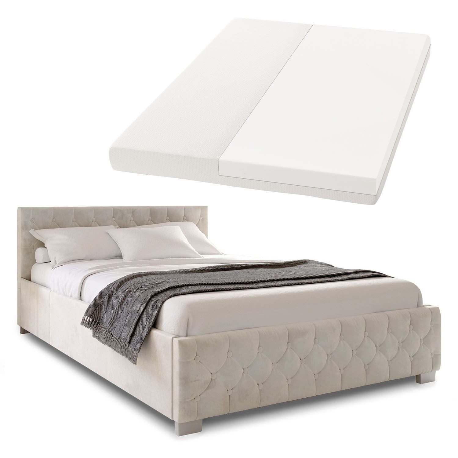 Juskys Polsterbett Nizza, 180x200 cm, LED Licht, Stauraum, Samtbezug, inkl. Matratze