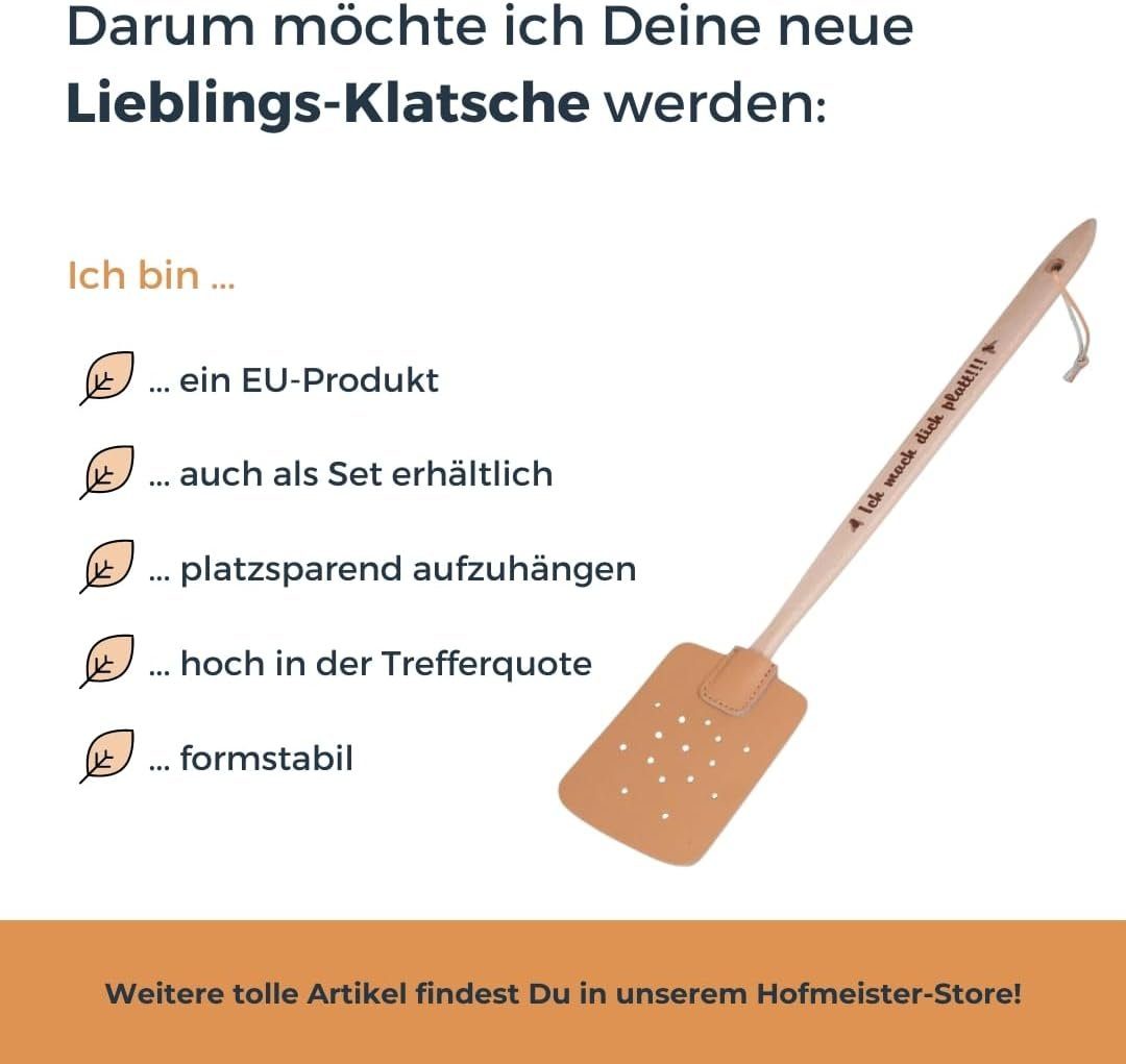 Hofmeister Fliegenklatsche "Ich mach dich platt" Buchenholz Leder Fliegenfänger